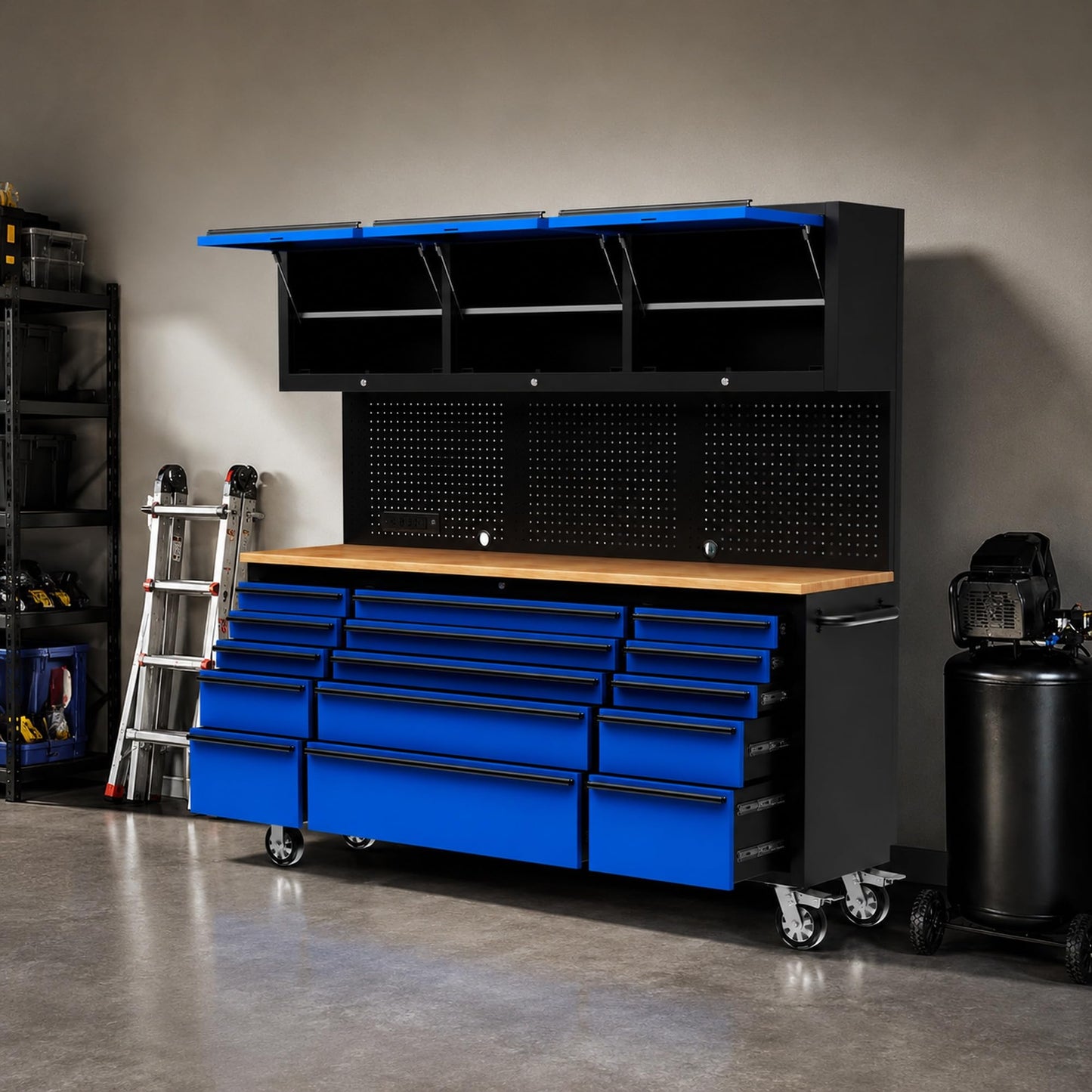 CHETTO C 72 inch Tool Chest Tool Box Mobile 15 Drawer Storage 3 Upper Cabinet Power Outlet SS-Pegboard with Wheels Lock Key Locking System Drawer Liners for Garage Warehouse Repair Shop