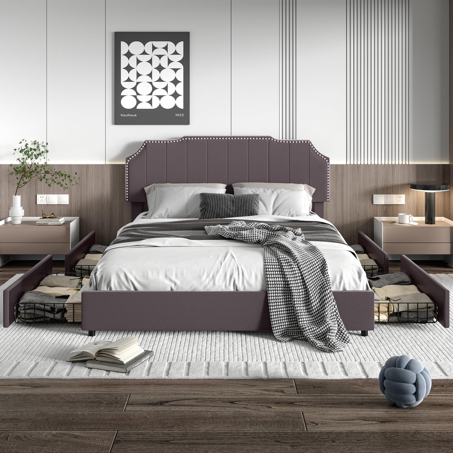 VECELO Queen Velvet Upholstered Platform Bed Frame with 4 Rollers Storage Drawers,Queen Size Bed with Tufted Height Adjustable Headboard,Wooden Slats/No Box Spring Needed/Easy Assembly