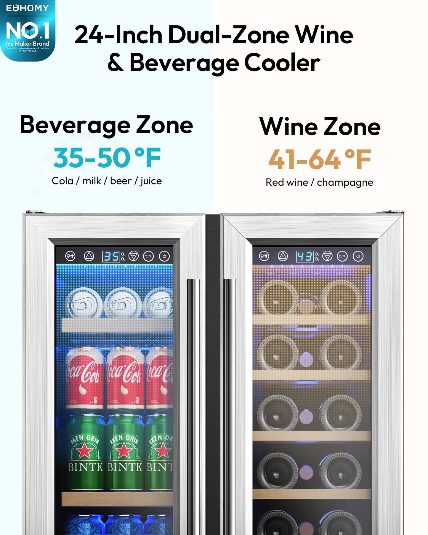 EUHOMY Wine and Beverage Refrigerator, 24 Inch Dual Zone Wine Cooler with Glass Door Hold 21 Bottles and 88 Cans, Built in or Under Counter Wine Fridge with Blue LED Light