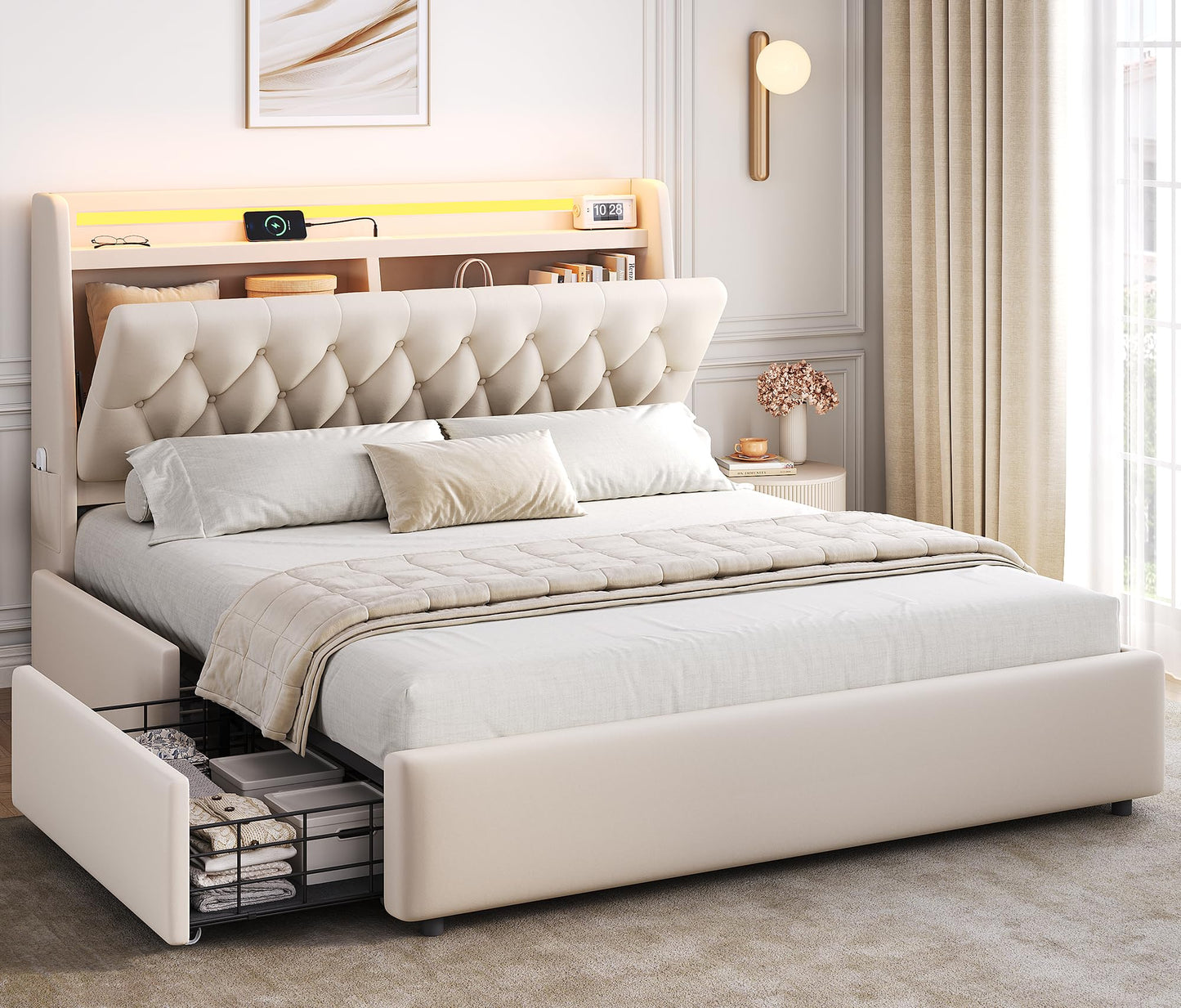 Full LED Velvet Bed Frame with 2 Storage Drawers&Hidden Headboard, Upholstered Platform Bed with Charging Station&Button Tufted Design, Wooden Slats Support, Box Spring Optional, Easy Assembly, Beige