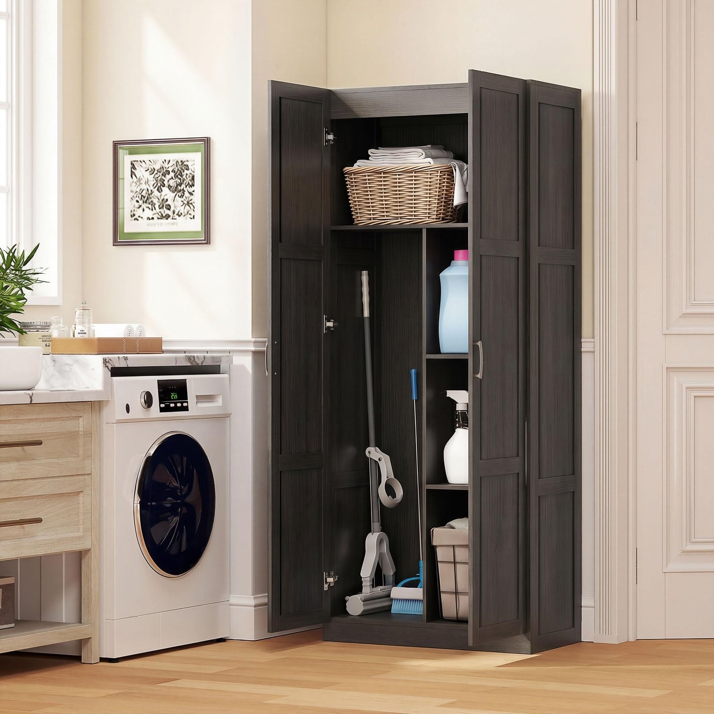 HOMCOM 71" Tall Kitchen Pantry Cabinet, Large Multipurpose Storage Cabinet with 4 Adjustable Shelves, Modern Farmhouse Freestanding Food Pantry with Framed Doors & Soft-Close Hinges, Espresso