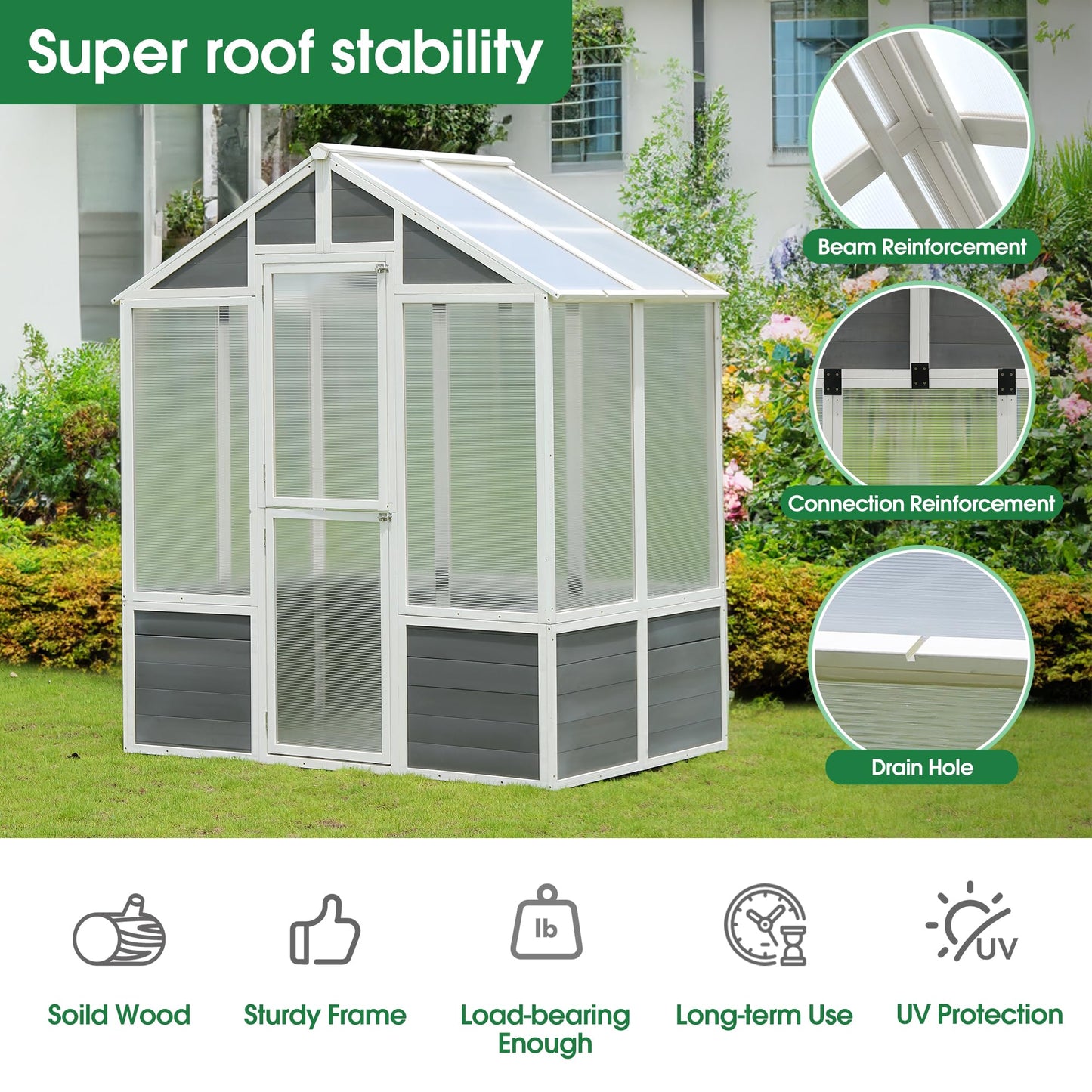 YOPTO Polycarbonate Greenhouse,Outdoor Wooden Green House, Walk-in Hobby Garden Shed with Front Entry Door,for Patio Backyard Lawn,Plants, White