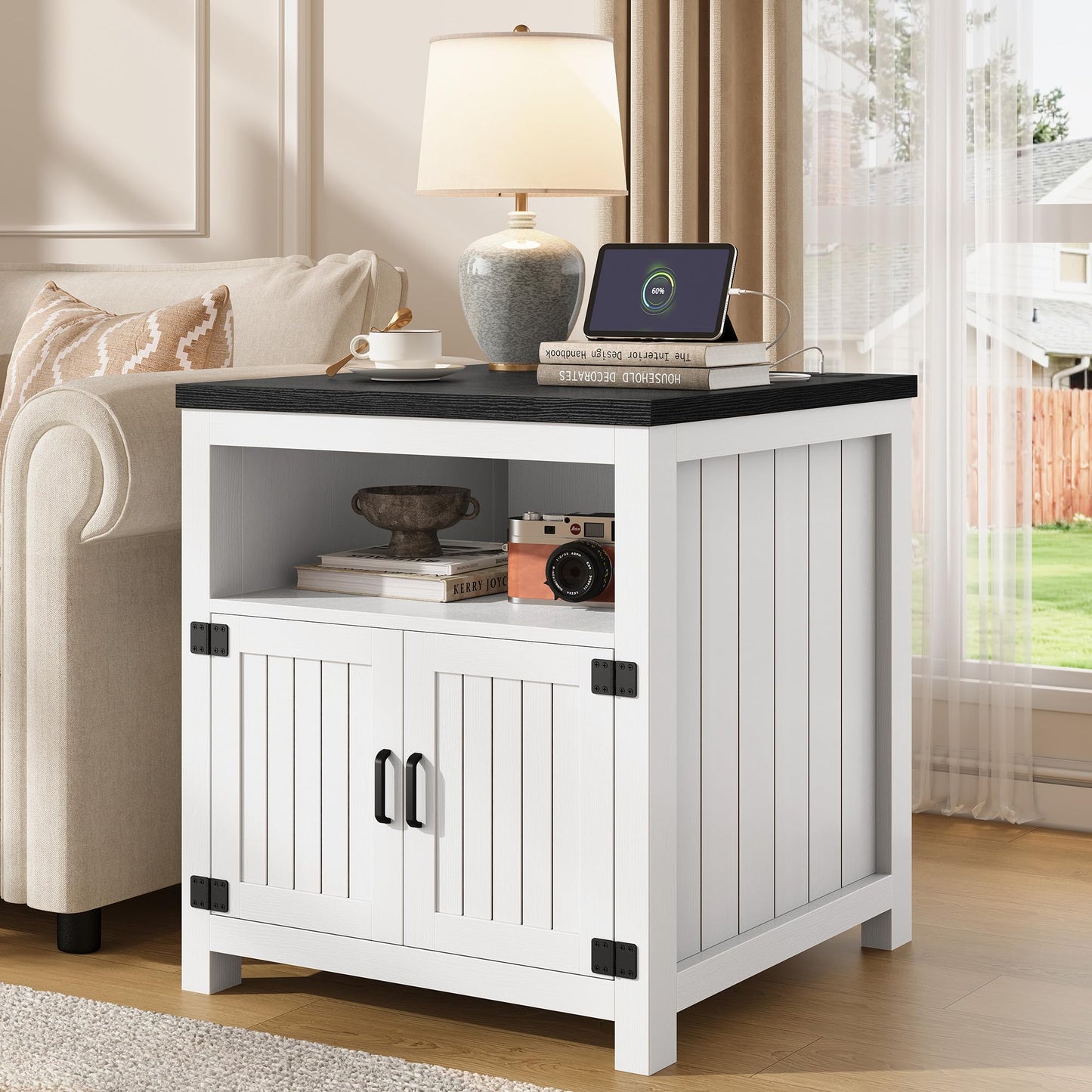 Vividwood Farmhouse End Table Set of 2 with Charging Station, 24" Large Side Table with Open Shelf and Storage Cabinet, Wood Square Bedside Table Nightstand for Living Room, Bedroom (White)