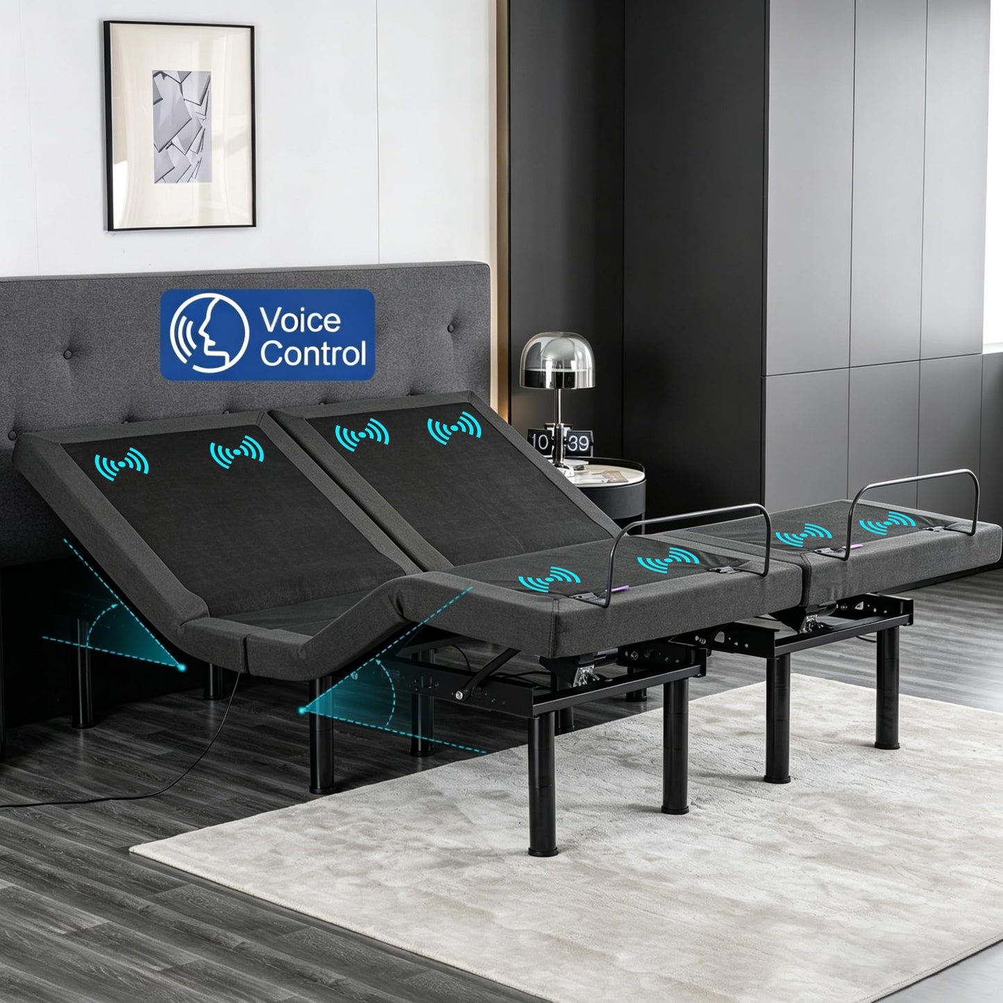 Split King Adjustable Bed Frame with Massage, 14 Inch Grey Gel Memory Foam Medium Firm Mattress in Box, Bed Base with Thickened Foam Frame, Adjustable legs, Voice control, Anti-Snore/0 Gravity