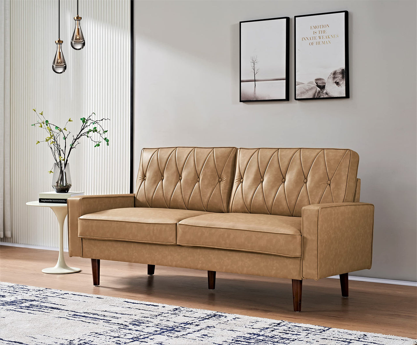 Container Furniture Modern Style Faux Leather Sofa with Elegant Round Tapered Legs and Button Tufted Backrest Perfect for Living Room, Bedroom or Home Office, 69.3’’ Wide, Camel