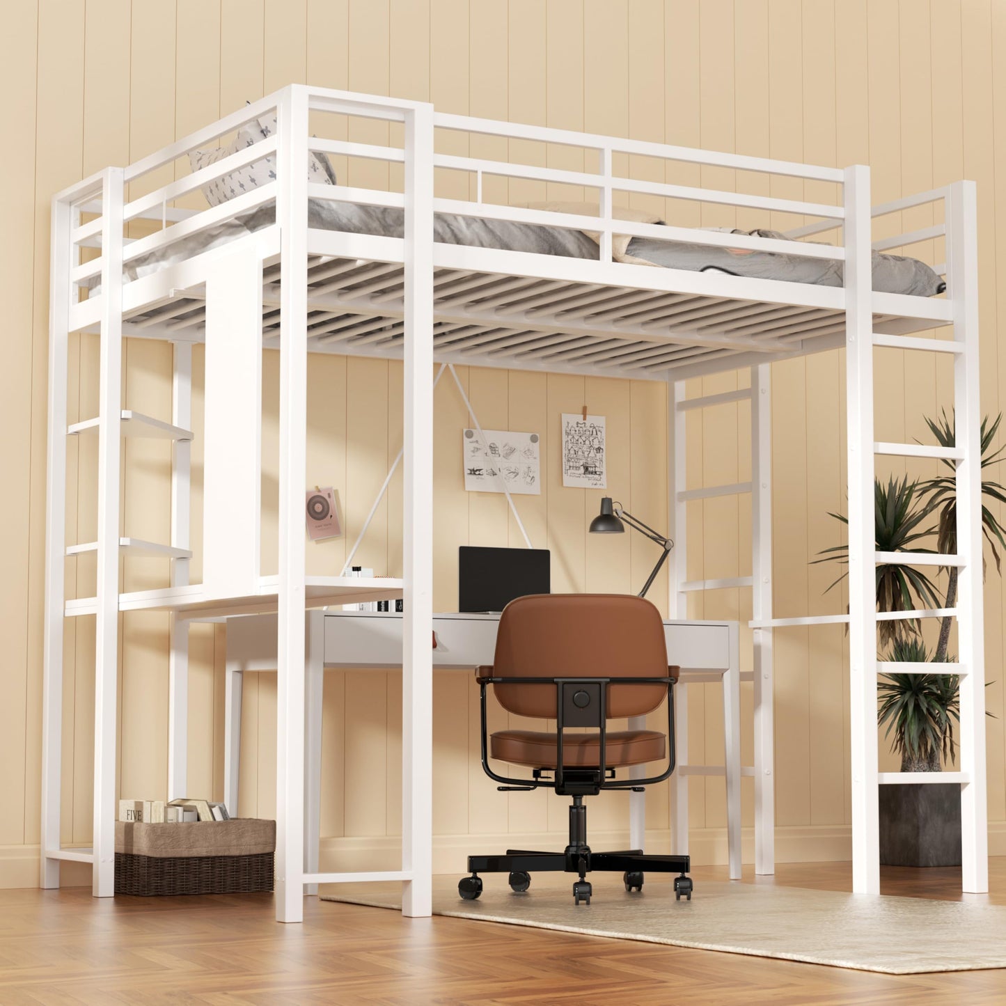 Nuturelly Loft Bed Full Size with Desk and Storage Shelves, Metal Bed Frame with with 2 Side Ladders for Teens & Adults, Space-Saving, Noise-Free, No Box Spring Needed, White