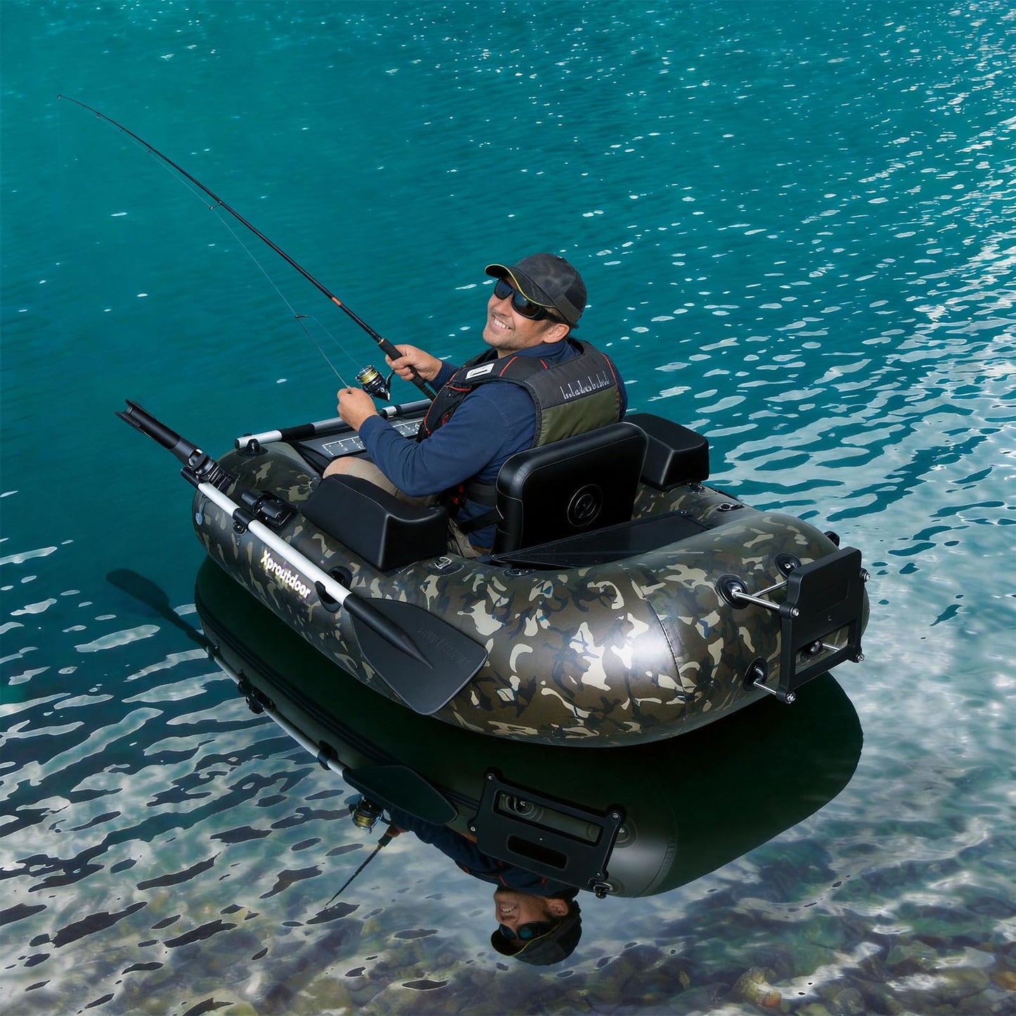 Xproutdoor Fishing Float Tube, Belly Boat Fishing with Pump, Fish Ruler, Adjustable Straps, Storage Pockets, 2 Oars, 2 Rod Holders, Motor Bracket Inflatable Float Tube for 330 LBS Load Capacity