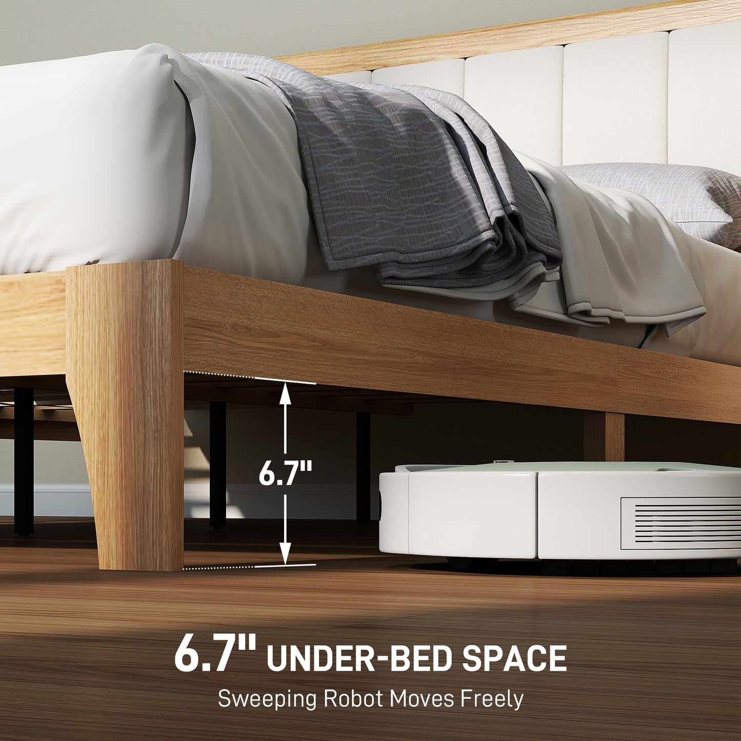 HOMCOM Full Size Bed Frame with Upholstered Headboard, Platform Bed Frame with Wooden Slats, No Box Spring Needed, Easy Assembly, Natural