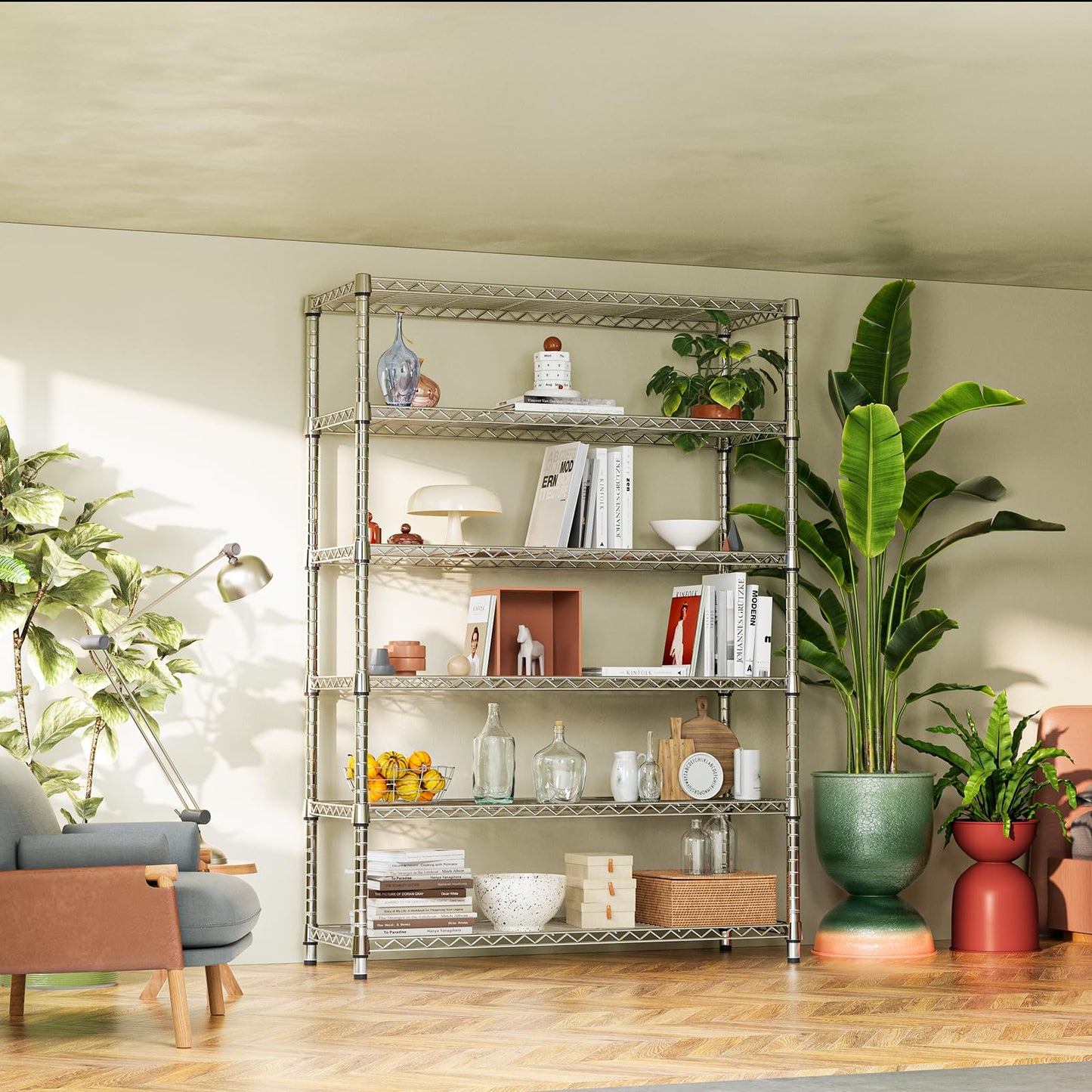 IZEUK 6-Tier Heavy Duty Metal Wire Shelving Unit, Adjustable Storage Rack Organizer for Garage, Kitchen, Office, Pantry, Warehouse (Chrome, 17.7" D x 47.2" W x 82.7" H)