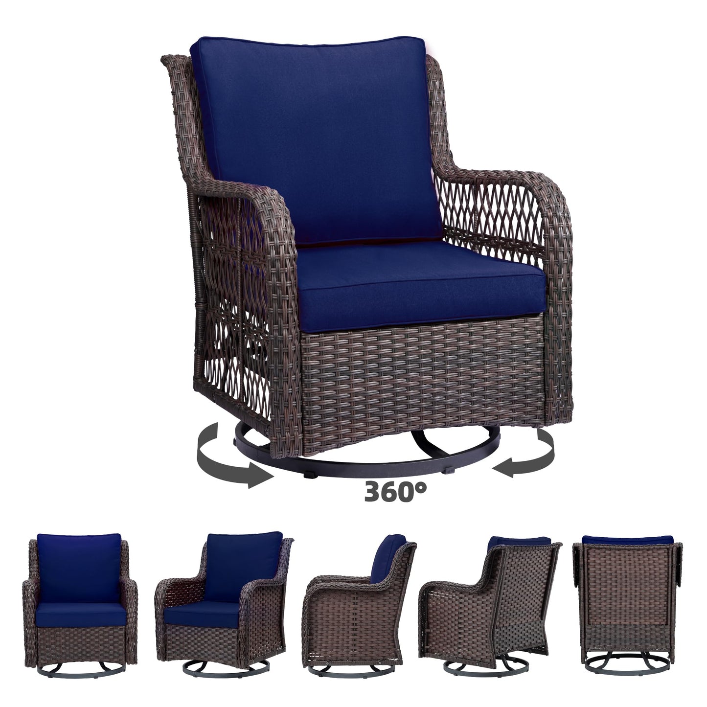 Towallmark Outdoor Swivel Wicker Glider Patio Chairs with Table Set, 3 Pieces Outdoor Bistro Set with 4”Thick Cushions and Coffee Table for Porch, Balcony, Deck (Blue)