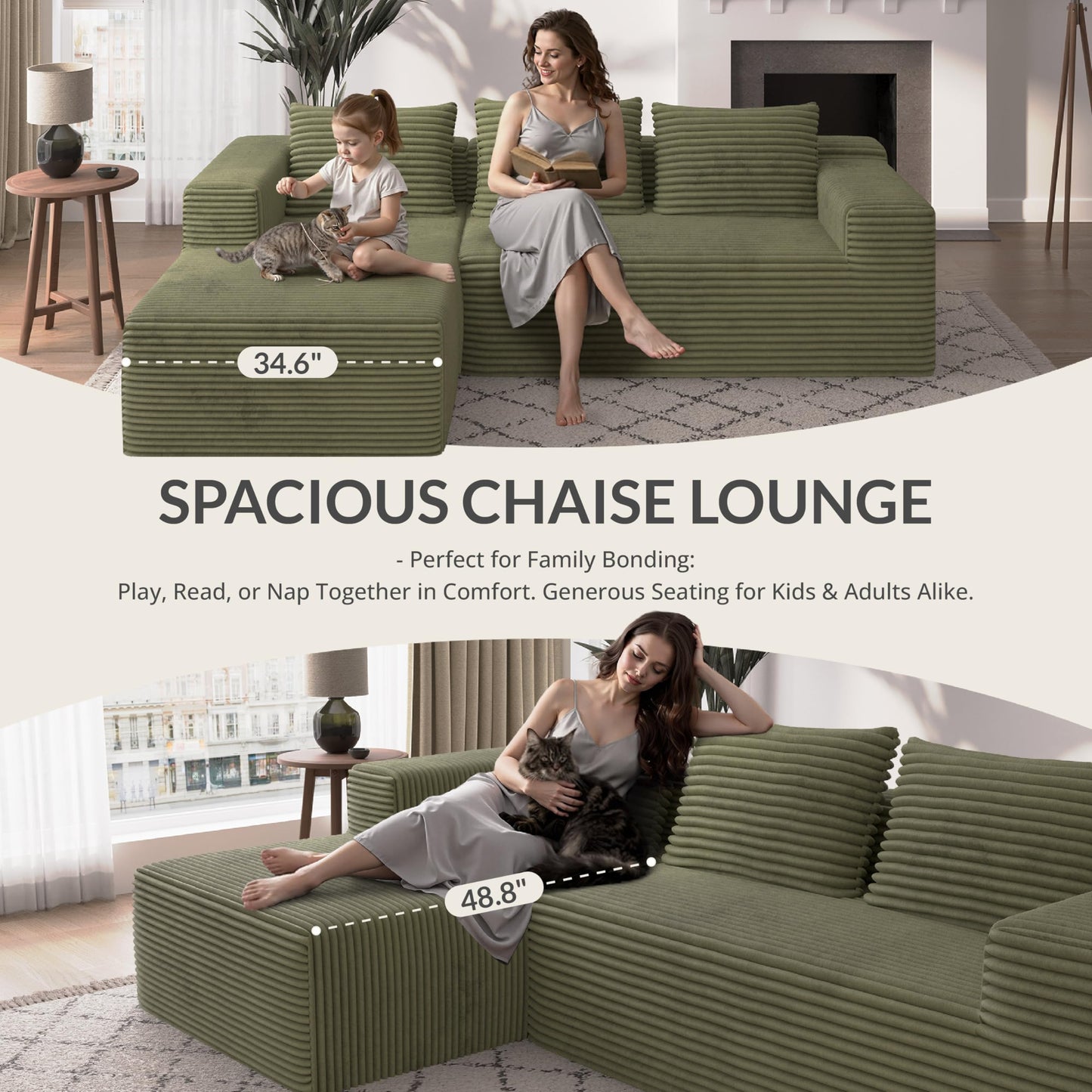 Attalee Modular Sectional Sofa for Living Room, L Shaped Compressed Corduroy Sectional Boneless Couches with Deep Seat and 4 Storage Pockets, Easy Assembly, Green