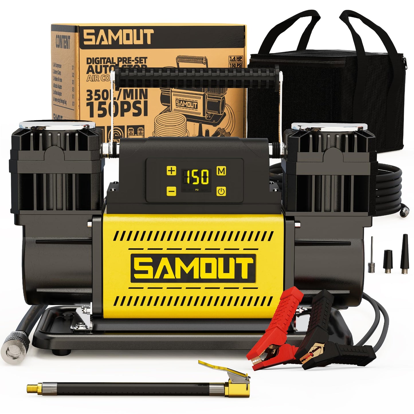 SAMOUT 12V Digital Air Compressor, Offroad Portable Inflator 12.3 CFM, Air Pump Max 150PSI for Heavy-Duty Tires, with LCD Control Panel to Preset Target Pressure, 4x4 Vehicle, SUV, RV