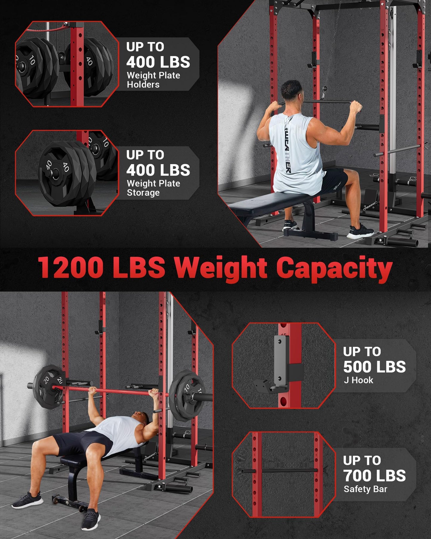 GarveeLife Power Cage, Power Racks for Home Gym with Pulley System, 1200 LBS Weight Capacity Multi-Functional Squat Rack for Strength Workout with More Training Attachment (Red D1002)