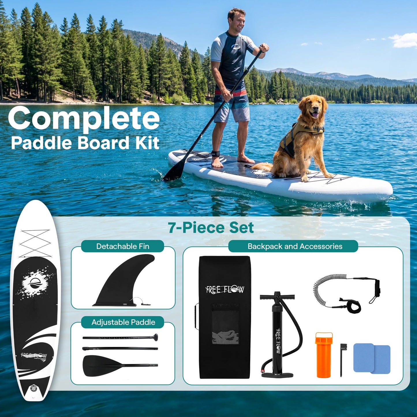 SereneLife 10’6” Inflatable Stand Up Paddle Board with Premium SUP Accessories - 32” Wide Stable Design with Non-Slip EVA Deck Pad, for Youth and Adults, 275 lbs. Capacity