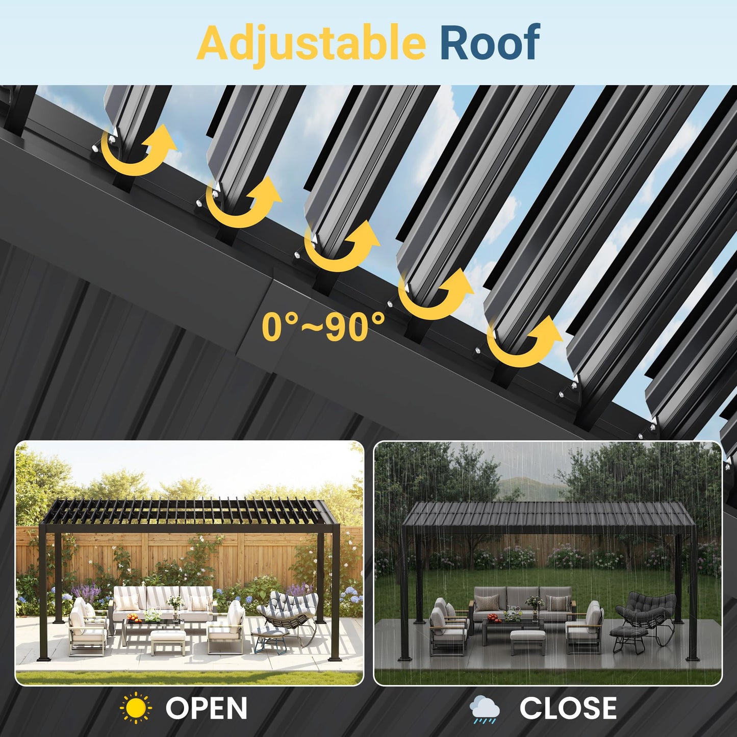 12' x 16' Louvered Pergola, Metal Outdoor Pergola with Adjustable Louvered Roof & Gutter System, Hardtop Patio Gazebo for Backyard, Deck, Garden, Dark Gray