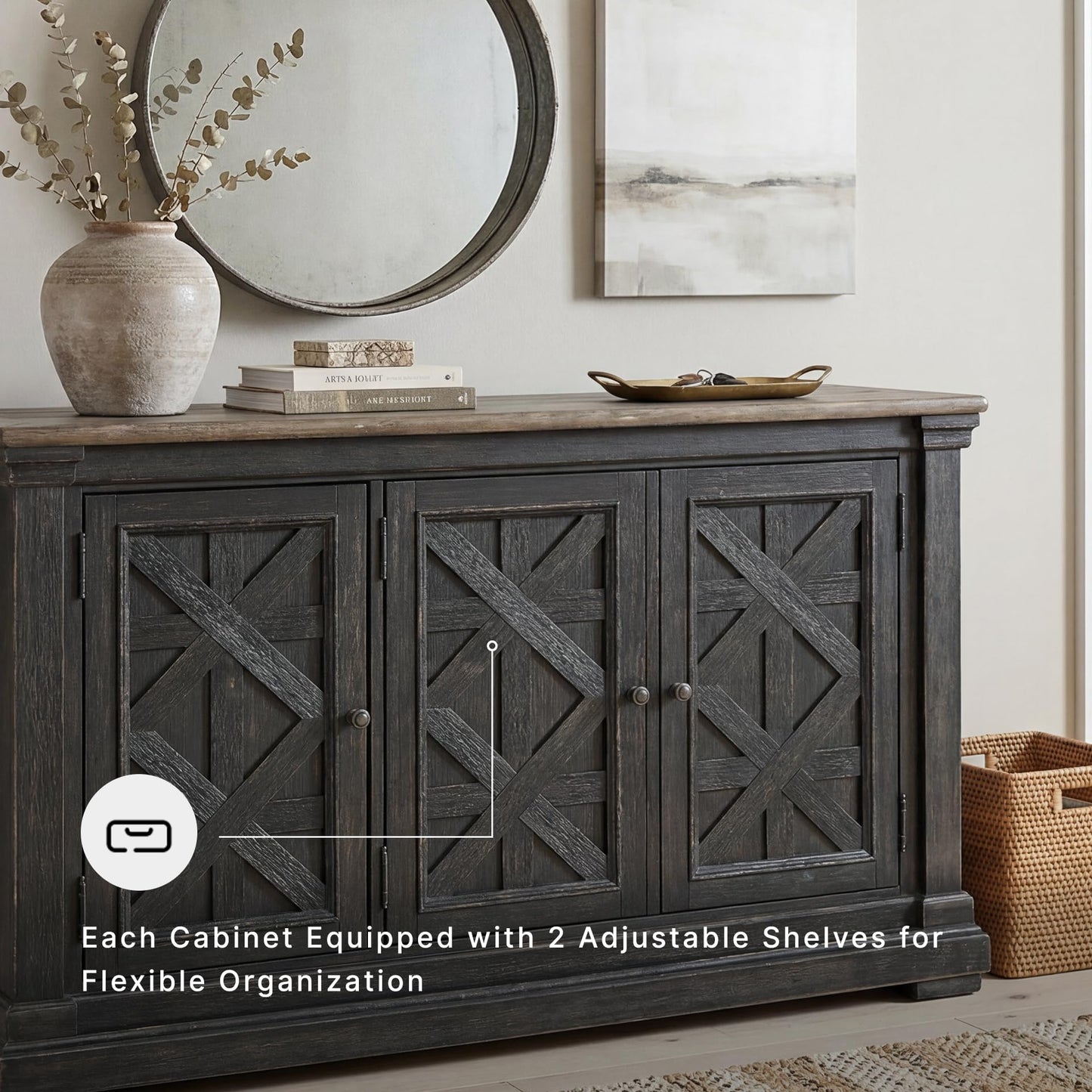 Signature Design by Ashley Tyler Creek Vintage Casual Dining Room Buffet Cabinet or Server with 3 Doors and Lattice Design, Wood, 36" High, Black & Gray