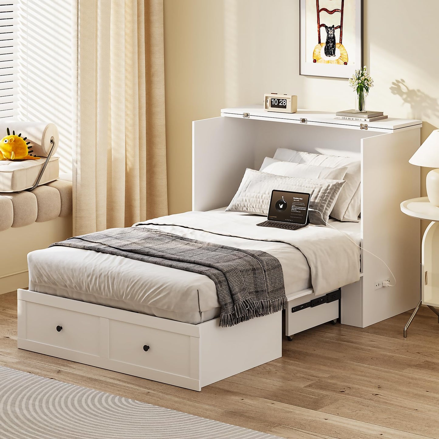 LIVAUVEAD Twin Murphy Bed with Built-in Charging Station, Space-Saving Murphy Bed Chest Twin with Drawer, Foldable, for Home Office Guest Room Bedroom White