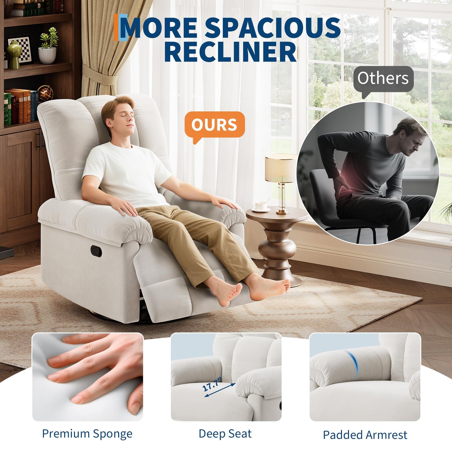 IDEALHOUSE Swivel Rocking Nursery Recliner Chair Rocker Recliner Glider Deep Seat PU Leather Sofa Chair with high Backrest for Nursery, Living Room, Bedroom & Home Movie Theater (Beige)