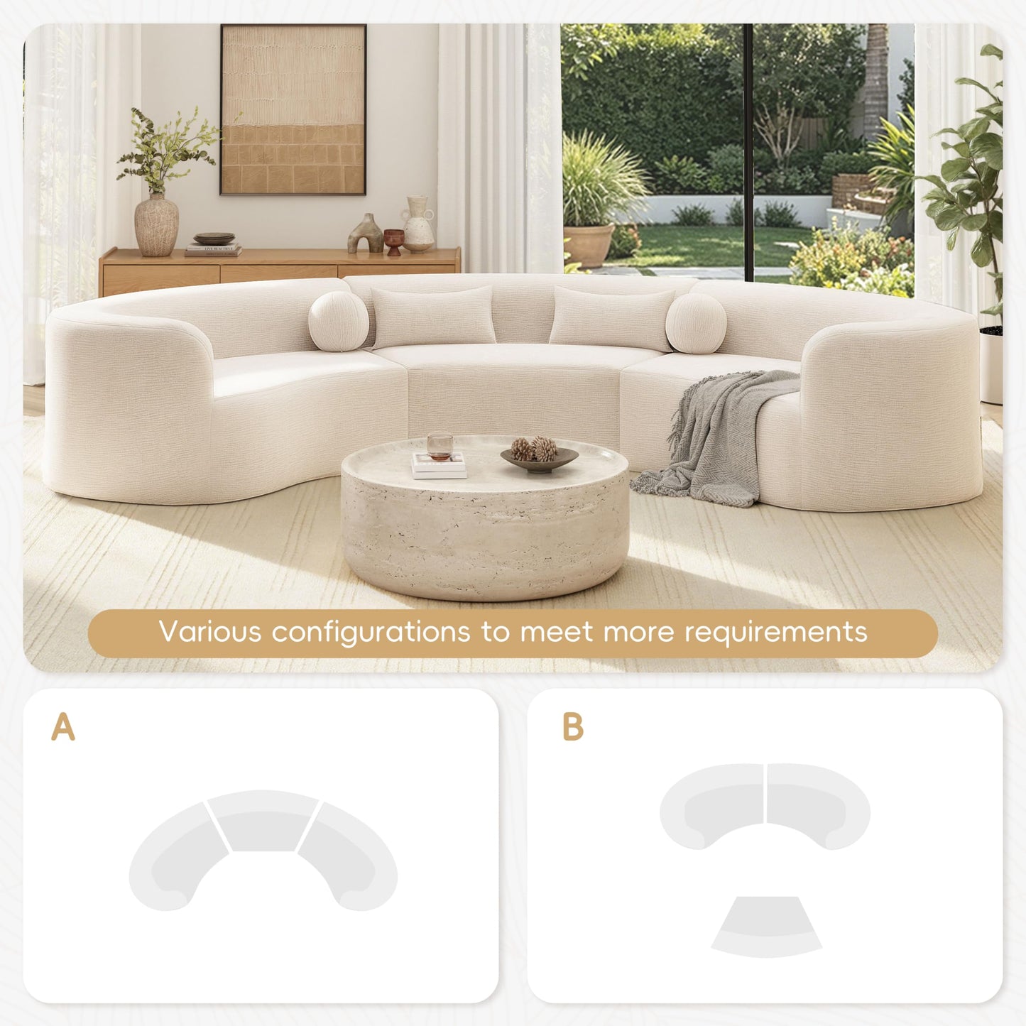 Merax 153" Chenille Modular Sectional Sofa Set, 6 Seat Curved Frameless Oversized Cloud Couch with 4 Pillows, Free Combination Hook & Loop, Fully Compressed, No Assembly for Living Room, Beige