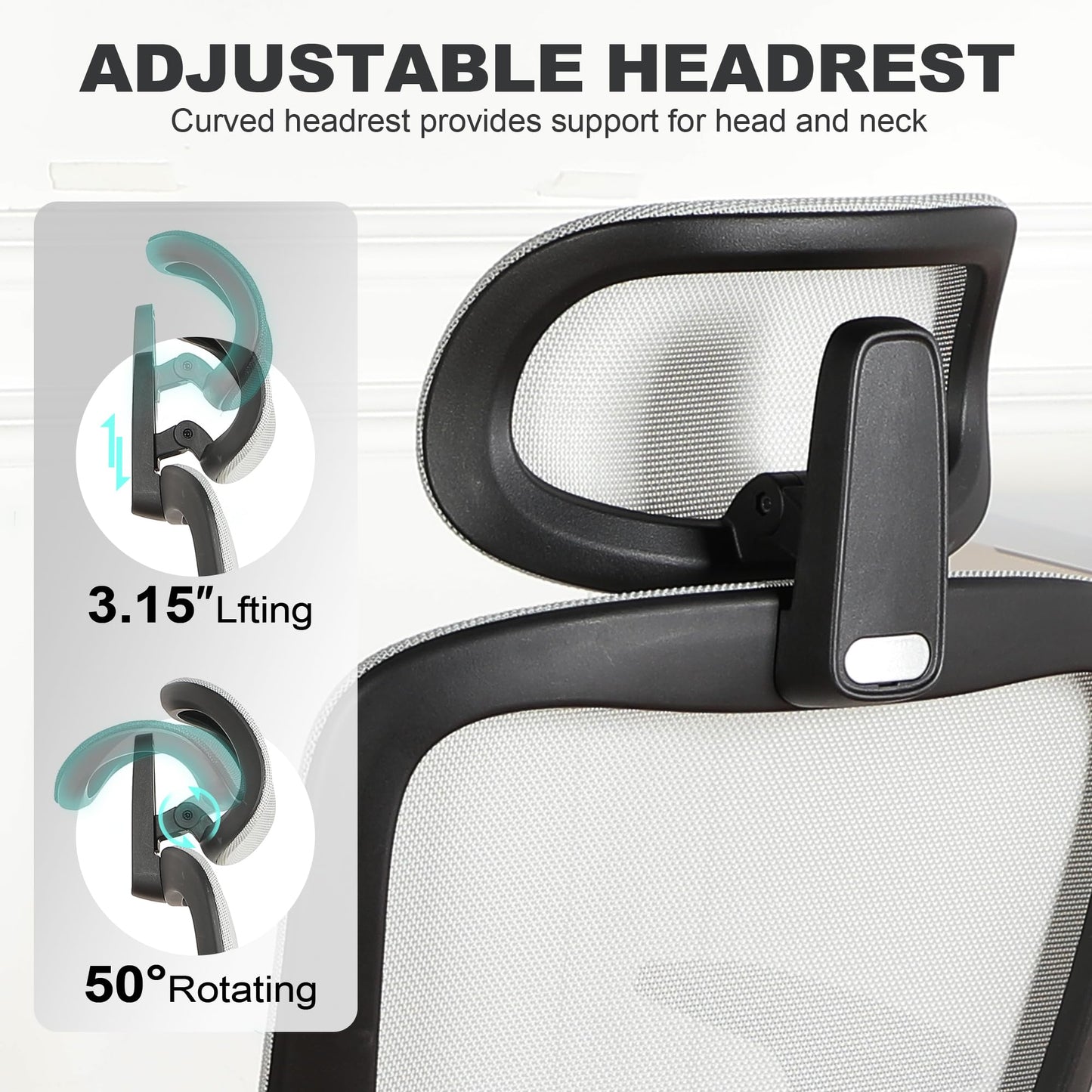 Ergonomic Office Chair with Footrest, Mesh Desk Chair with Adjustable Headrest & Armrests & Dynamic Floating Wing Lumbar Support, High Back Computer Chair for Home Office, BIFMA Certified, Grey