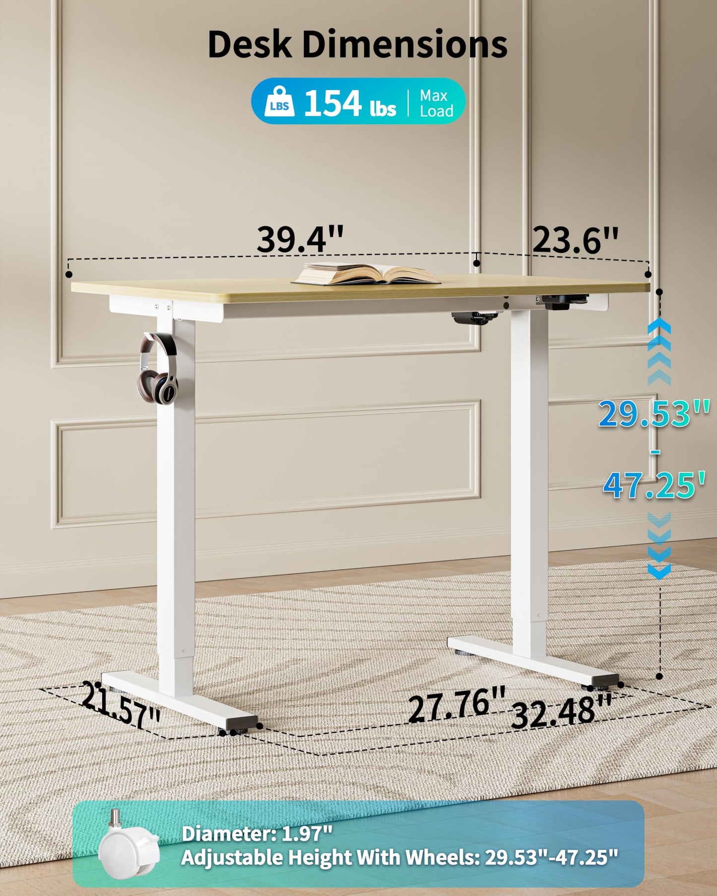 BIZUM 39.4" Small Electric Standing Desk Height Adjustable, Whole Piece Stand Up Computer Desk Work Study Writing Gaming Desks for Home Office Oak