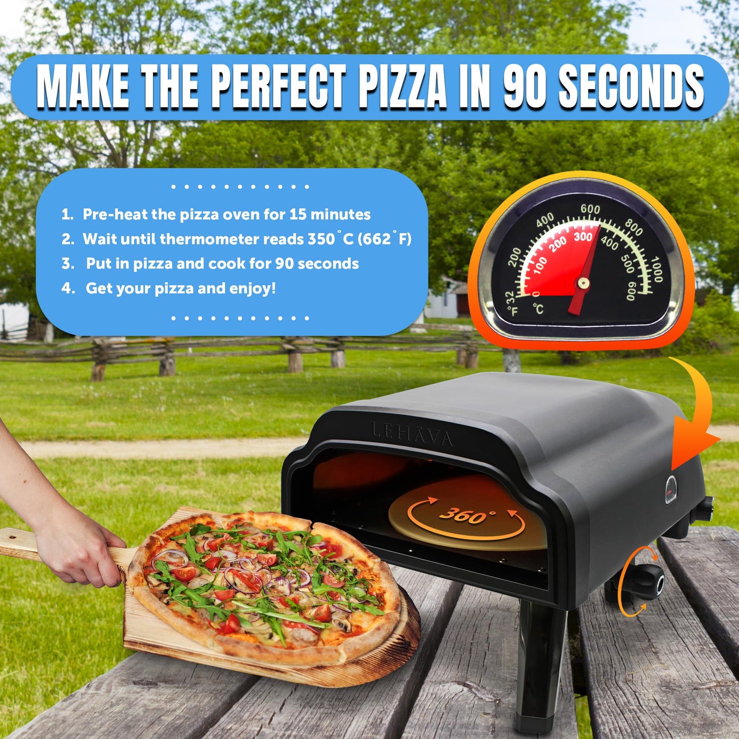 Flame King LEHAVA 14-inch, 360 Degree Rotating Non-Stick Pizza Stone, Portable Outdoor Propane Pizza Oven Countertop with Cover Bag, Piezo Auto Ignition for Camping, Backyard, and Tailgating