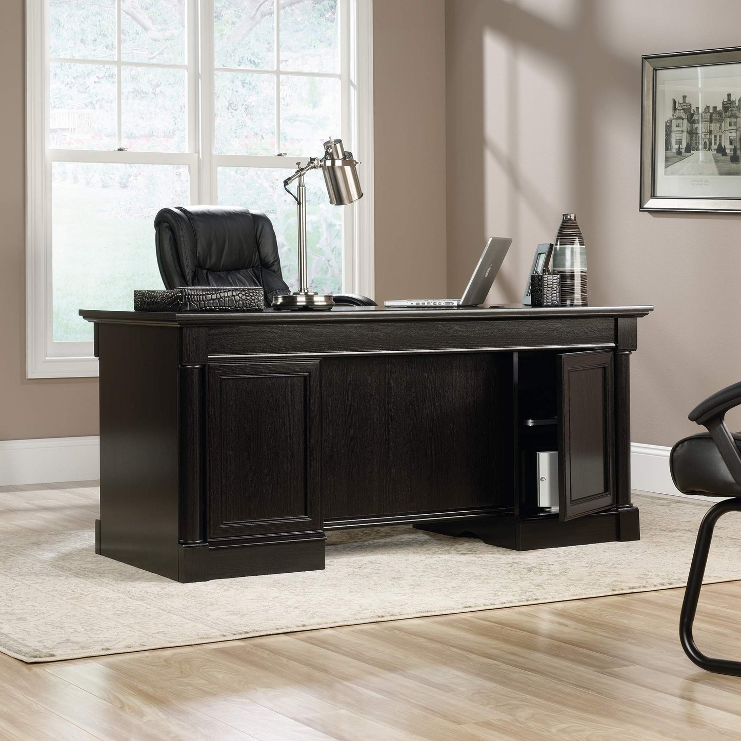 Sauder Palladia Office Desk with Drawers, Executive Desk with File Cabinet Storage, Cable Management, Keyboard Tray, in Wind Oak Finish