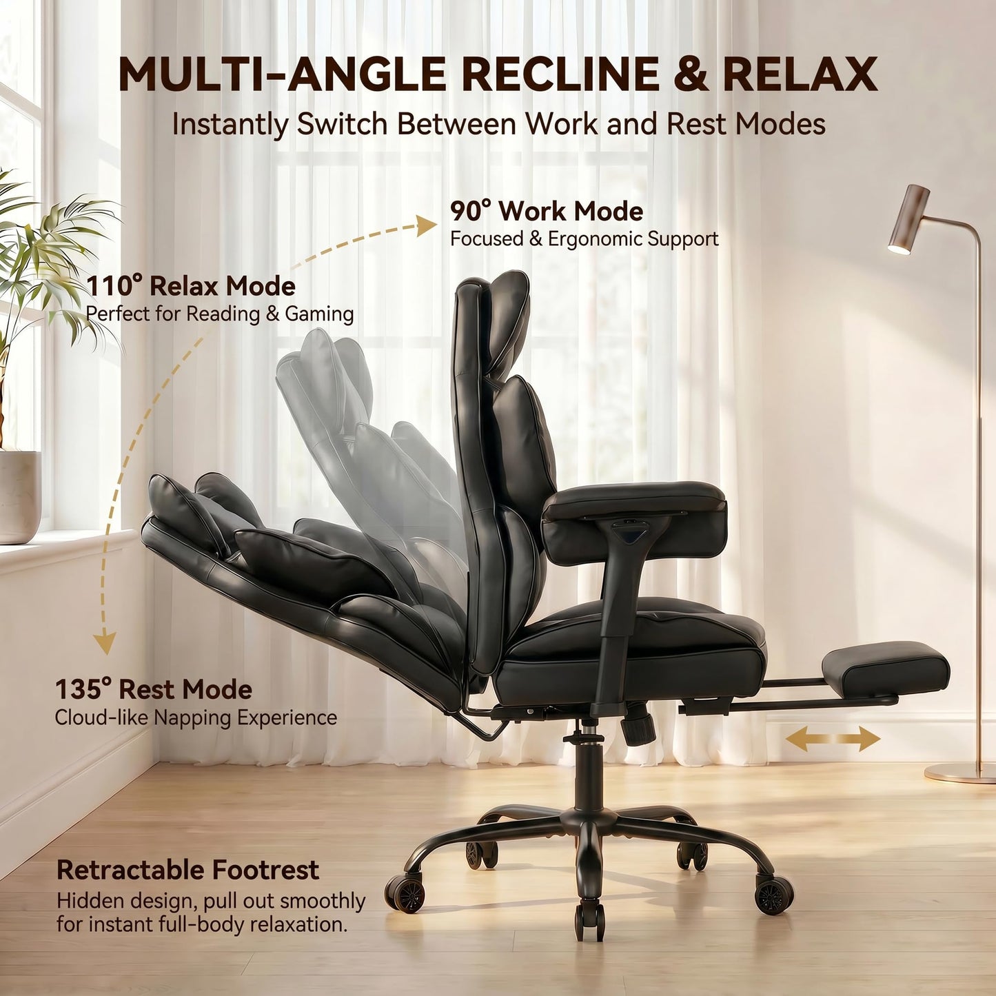 ATMILD Big and Tall Gaming Office Chair 400lbs - Heavy Duty Ergonomic Computer Desk Chair with Footrest, Adjustable Armrests, High Back PU Leather with Racing Style (Black)
