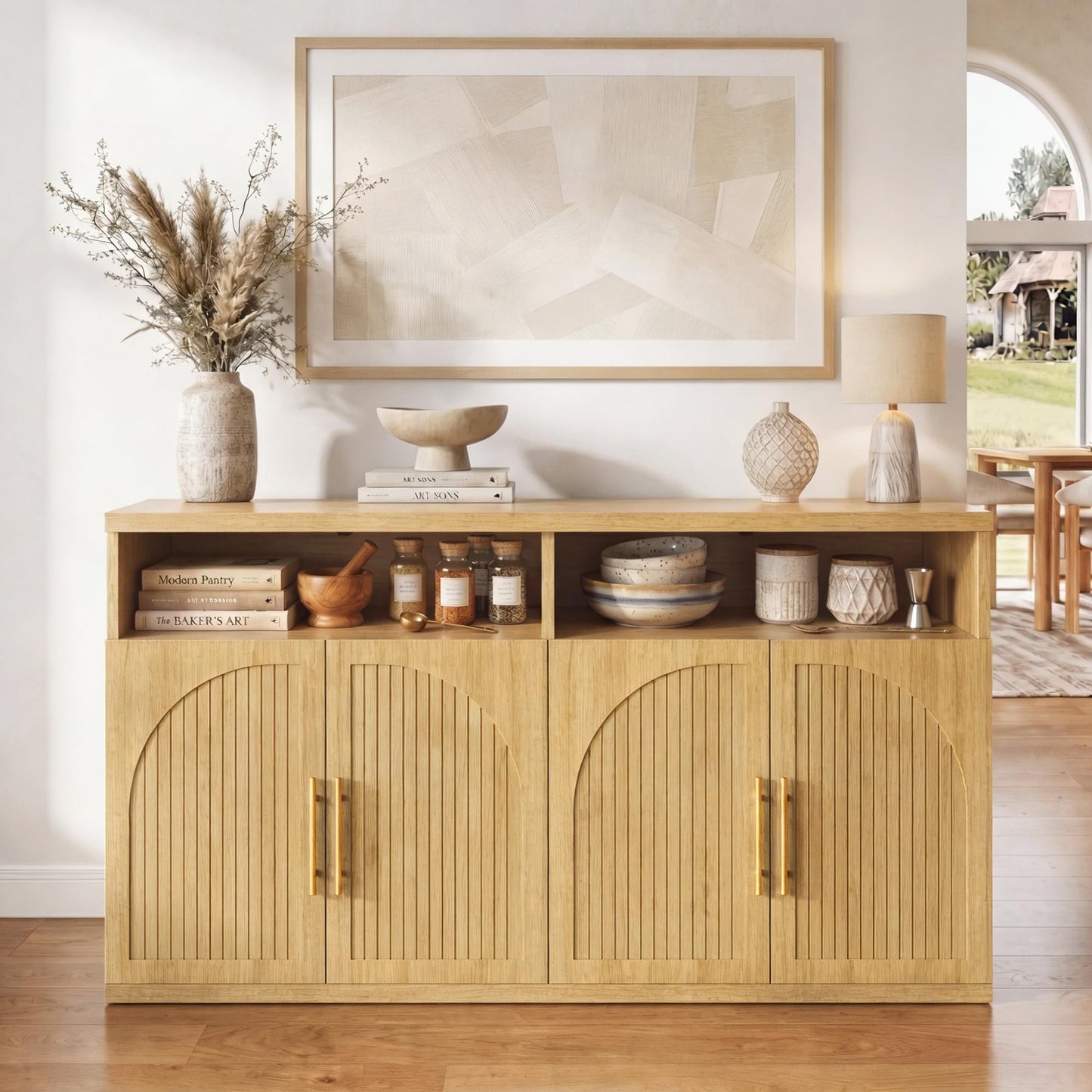 Fluted Buffet Cabinet with Storage, 63" Wide Wood Sideboard Credenza with 4 Doors & Open Storage Shelf, Modern Kitchen Entryway Accent Table for Dining Room Living Room, Kitchen, Hallway, Oak
