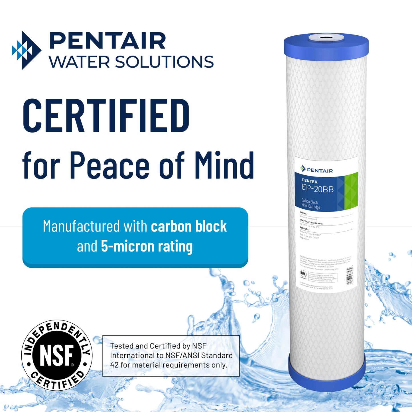 Pentair Pentek EP-20BB Big Blue Carbon Water Filter, 20-Inch, Whole House Carbon Block Replacement Cartridge with Bonded Powdered Activated Carbon (PAC) Filter, 20" x 4.5", 5 Micron, Pack of 4