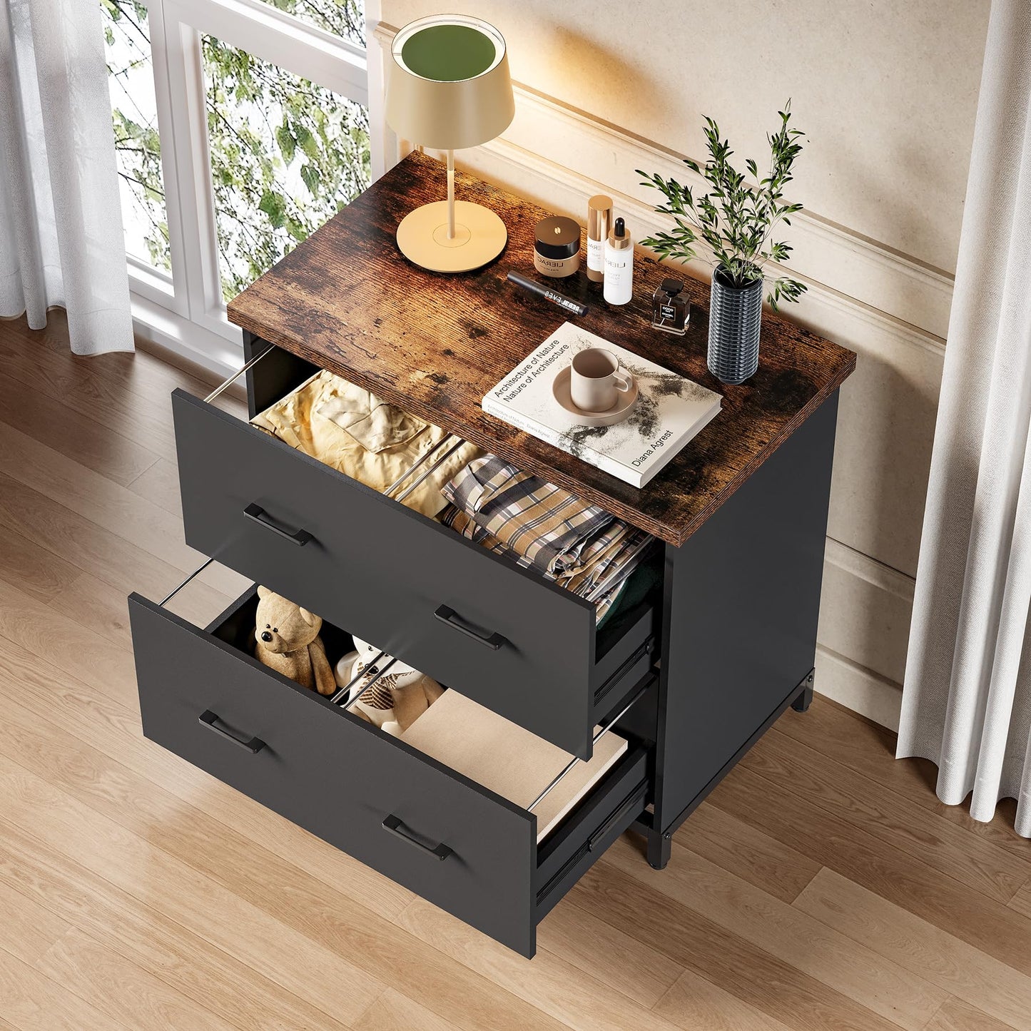 File Cabinet with Drawers, 30.7-Inch Lateral Cabinet under Desk for A4 and Letter Size Documents, Printer Stand, Filling Cabinet Under Desk Storage Organizer for Home Office, Brown & Black