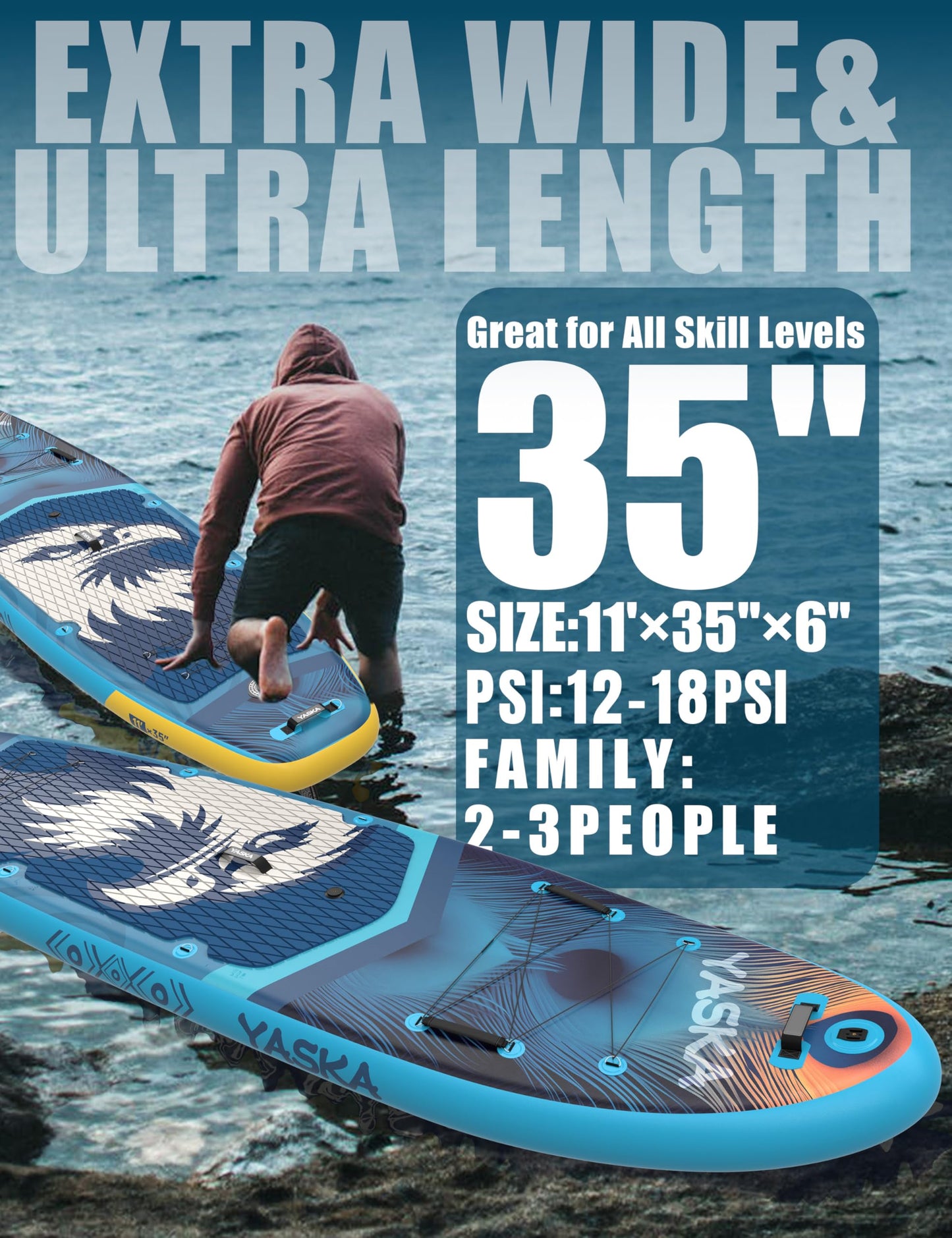 YASKA Inflatable Stand up Paddle Board 11ft with Premium SUP Accessories,Extra Wide Design Non-Slip Paddleboard for Beginner Adults Advenor Yoga Fishing