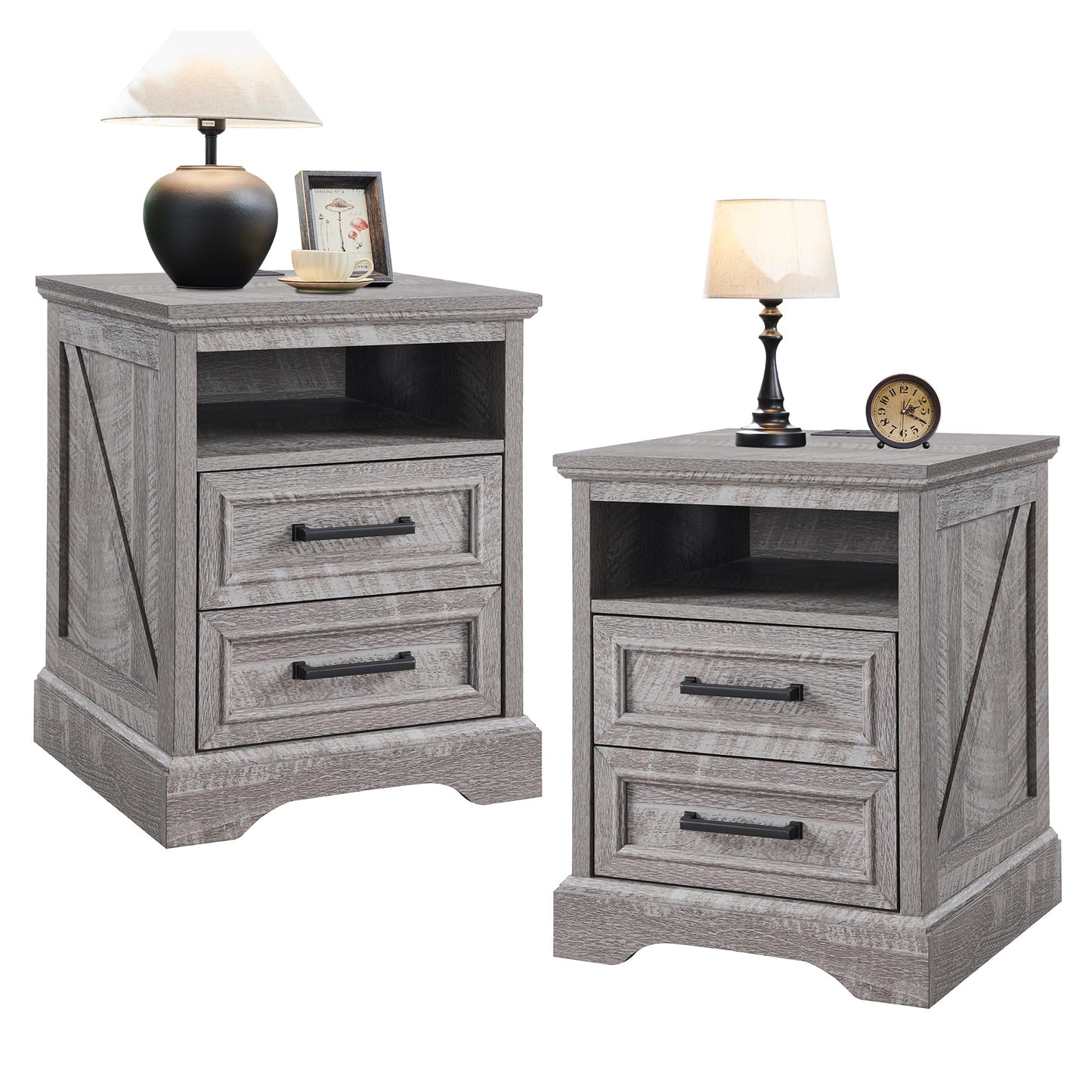 ACCOHOHO 18" Farmhouse Nightstand Set of 2 with Charging Station,End Table with 2 Drawers Storage,Side Table,Bedside Cabinet for Bedroom,Living Room, Grey