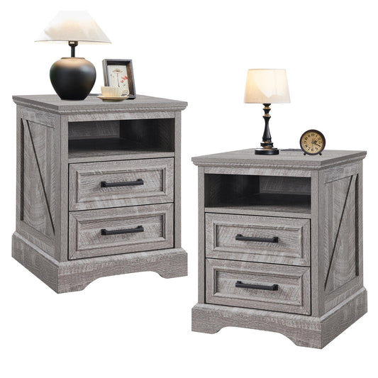 ACCOHOHO 18" Farmhouse Nightstand Set of 2 with Charging Station,End Table with 2 Drawers Storage,Side Table,Bedside Cabinet for Bedroom,Living Room, Grey