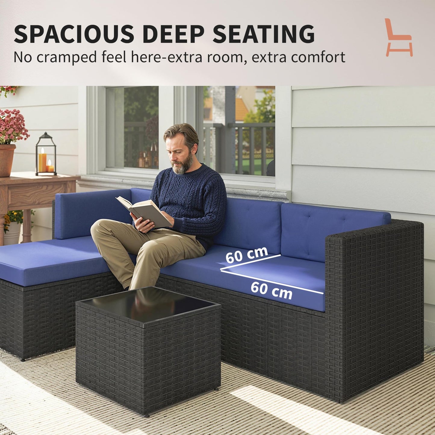Outsunny 3 Piece Patio Furniture Set, Wicker Rattan Outdoor Patio Conversation Furniture Set with Cushions, Glass Top Coffee Table, Deep Seating for Garden, Backyard, Porch, Navy Blue