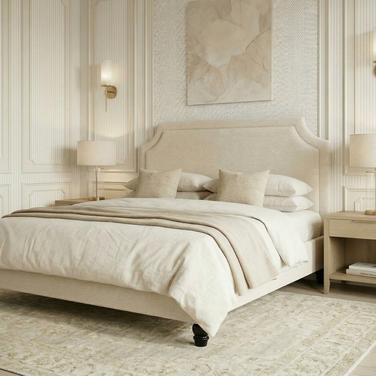 SHA CERLIN King Size Upholstered Platform Bed Frame, 50.6"-54.5" Tall Adjustable Minimalist Chenille Headboard, Strong Support, Noise-Free, No Box Spring Required, Beige