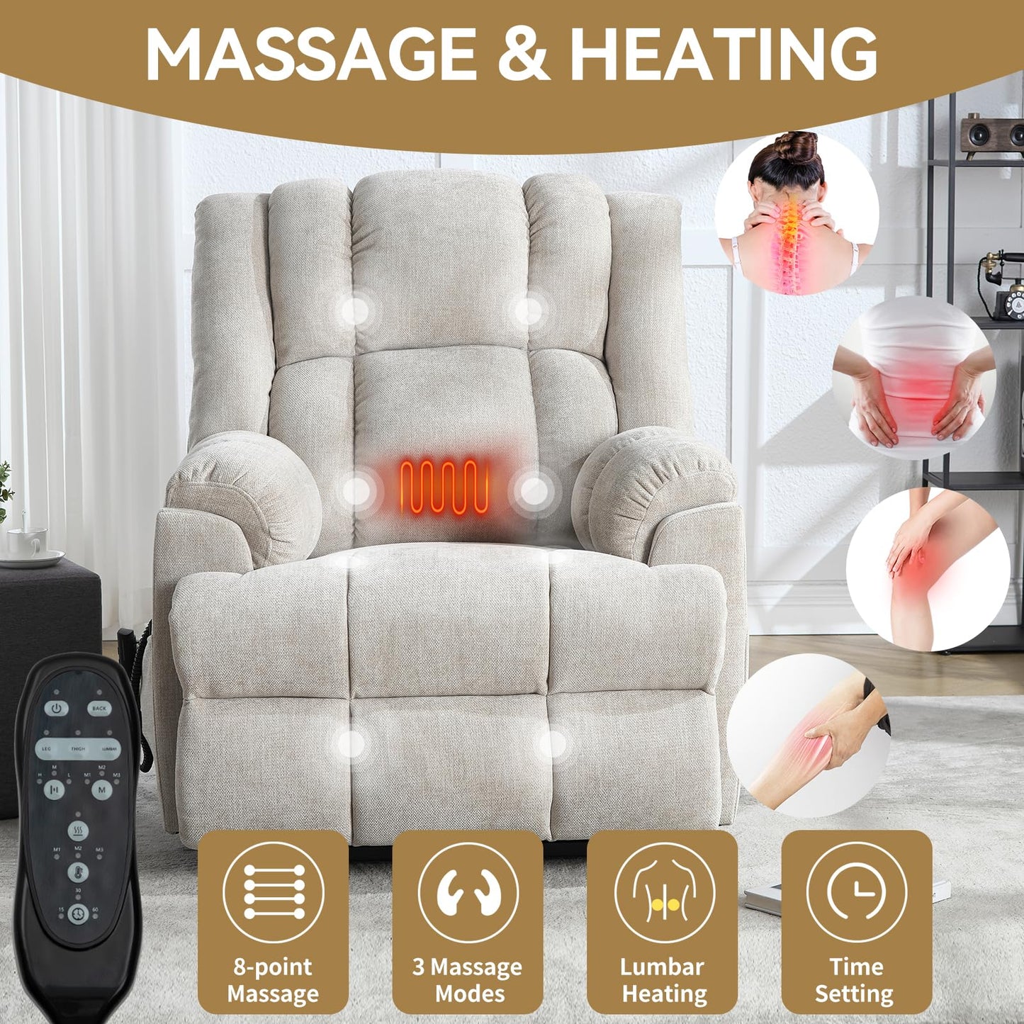 GDFStudio Dual Motor Power Lift Recliner Chair with Massage and Lumbar Heat, Heavy Duty Electric Reclining Chair with Remote Control, Supports Up to 350 LBS, Beige