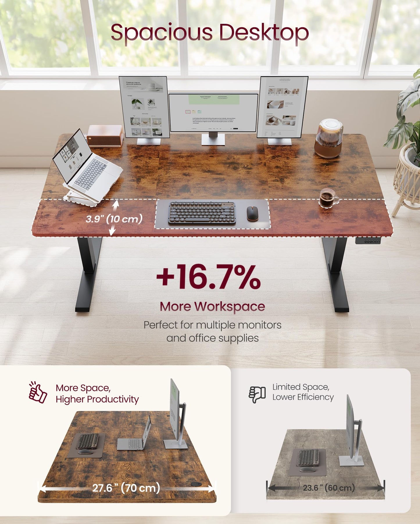 VASAGLE Electric Standing Desk, Stand Up Desk, 4 Memory Heights, Sedentary Reminder, for Home Office, 63 x 27.6 Inches, Rustic Brown ULSD316KD02S