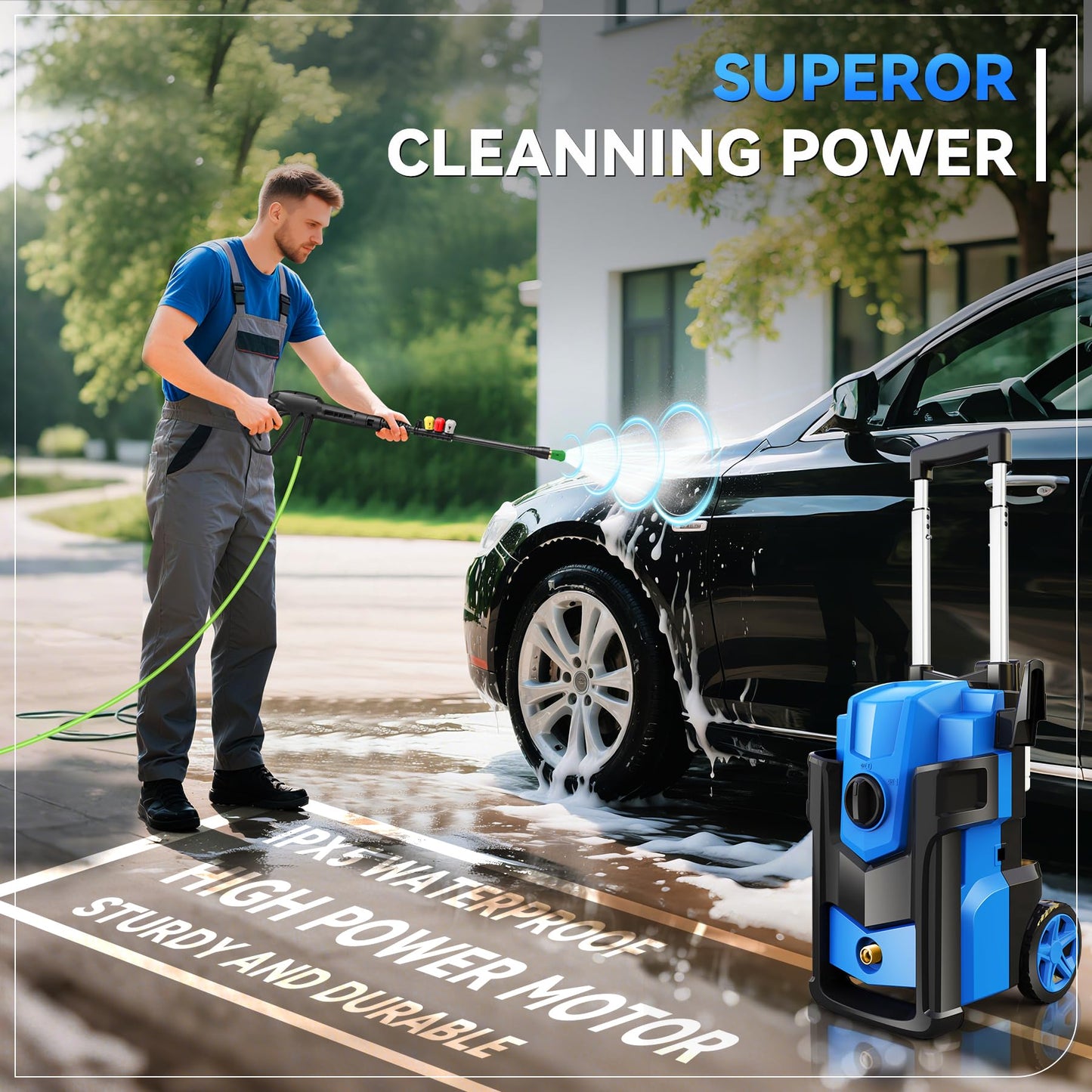 Electric Pressure Washer 5000PSI, Heavy Duty Power Washer Electric Powered, with 4 Nozzles,Foam Cannon,33FT Hose and 500ml Soap Bottle,Car Wash Machine/Car/Driveway/Patio Clean,Blue