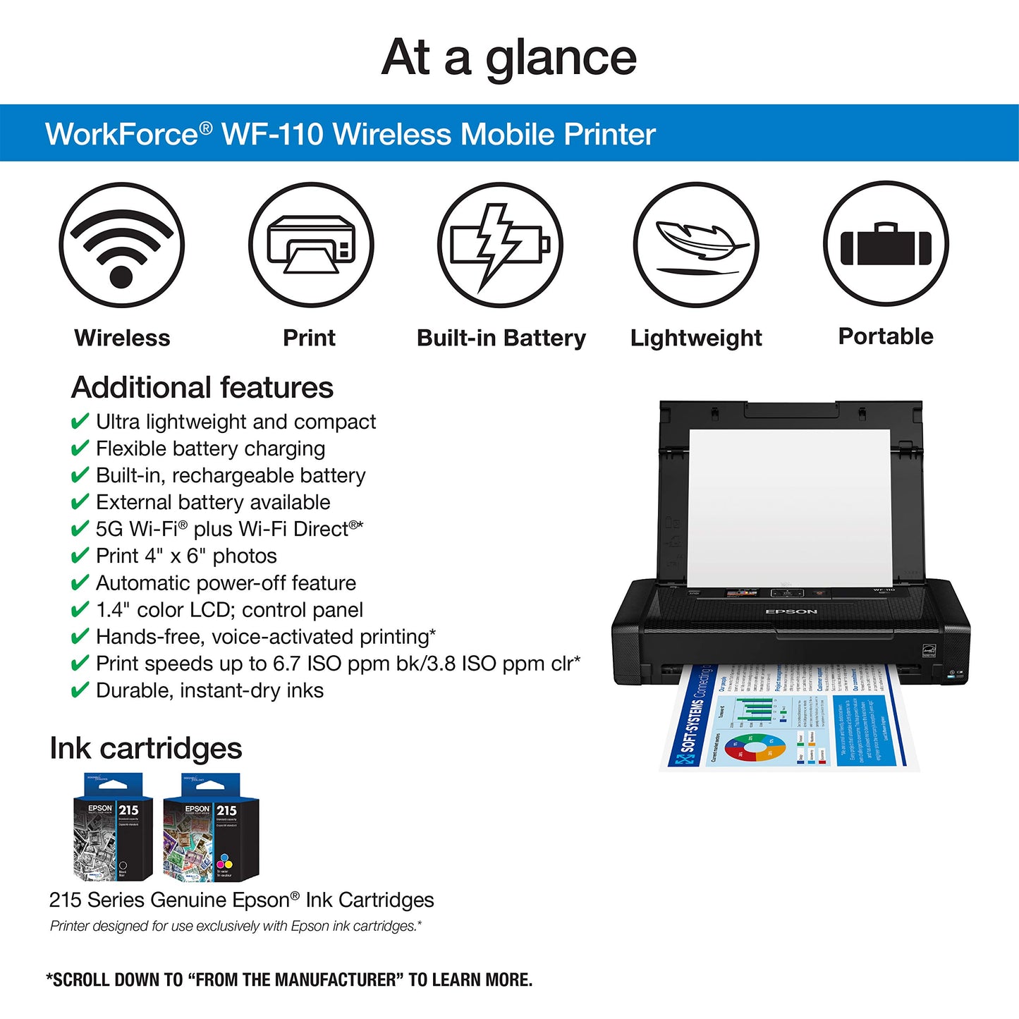 Epson Workforce WF-110 Wireless Color Mobile Printer,White, Small,Black