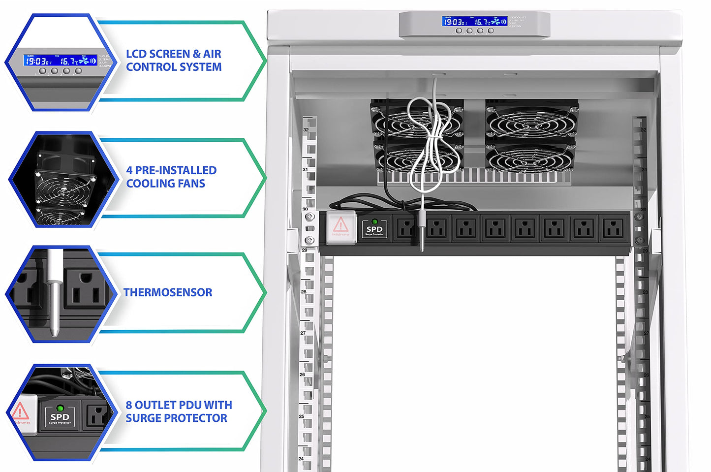 Sysracks 22U 35 Inch Deep Grey White Server Rack IT Network Data Rack Cabinet Enclosure Fully Lockable on Wheels - LCD Screen - Ventilation System - PDU - Glass Door - Rich Accessories Kit