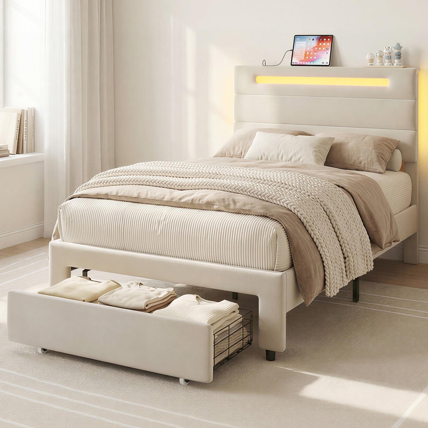 LIKIMIO Twin XL Bed Frames with Storage Drawer, LED Lights & Charging Station, Upholstered Modern Platform XL Twin Bed Frame with Headboard, No Box Spring Needed, Easy Assembly, Noise-Free, White
