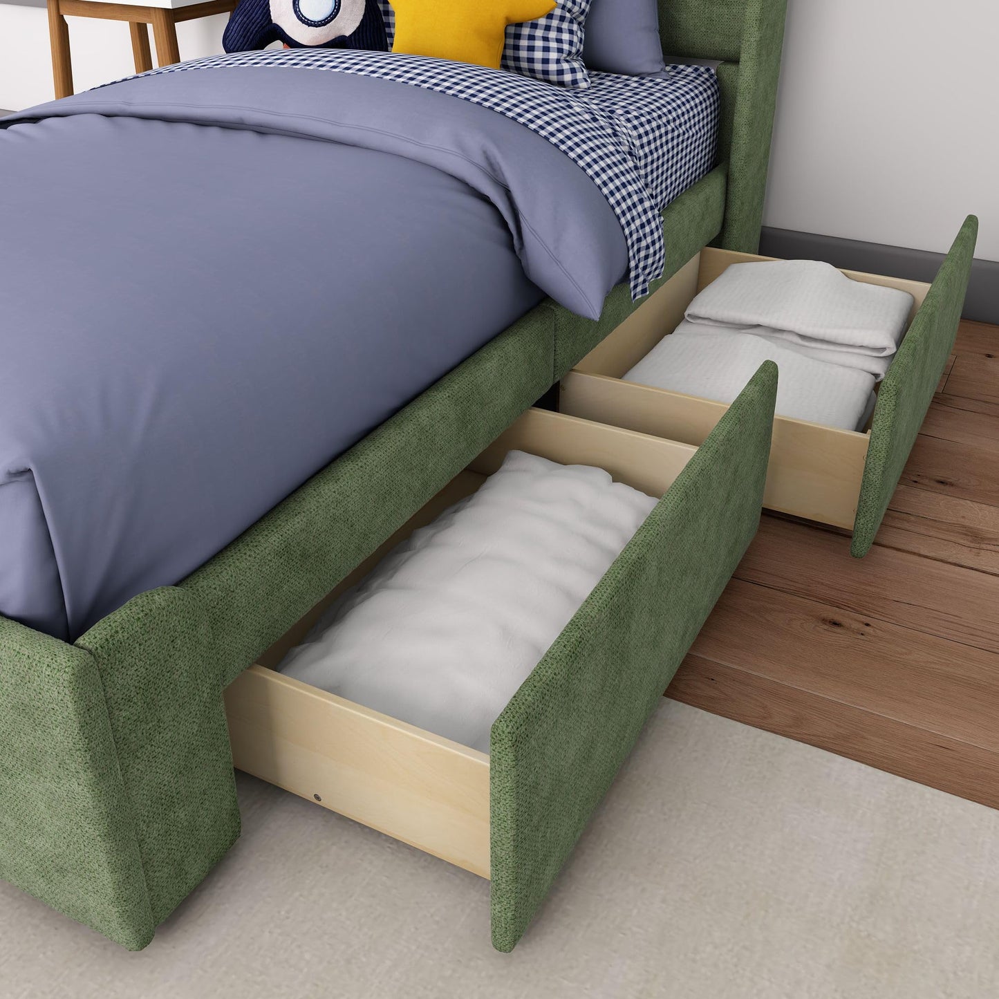 Max & Lily Upholstered Twin Bed Frame with Rectangular Headboard and Two Storage Drawers, Upholstered Platform Bed for Kids, No Box Spring Needed, Easy Assembly, Green