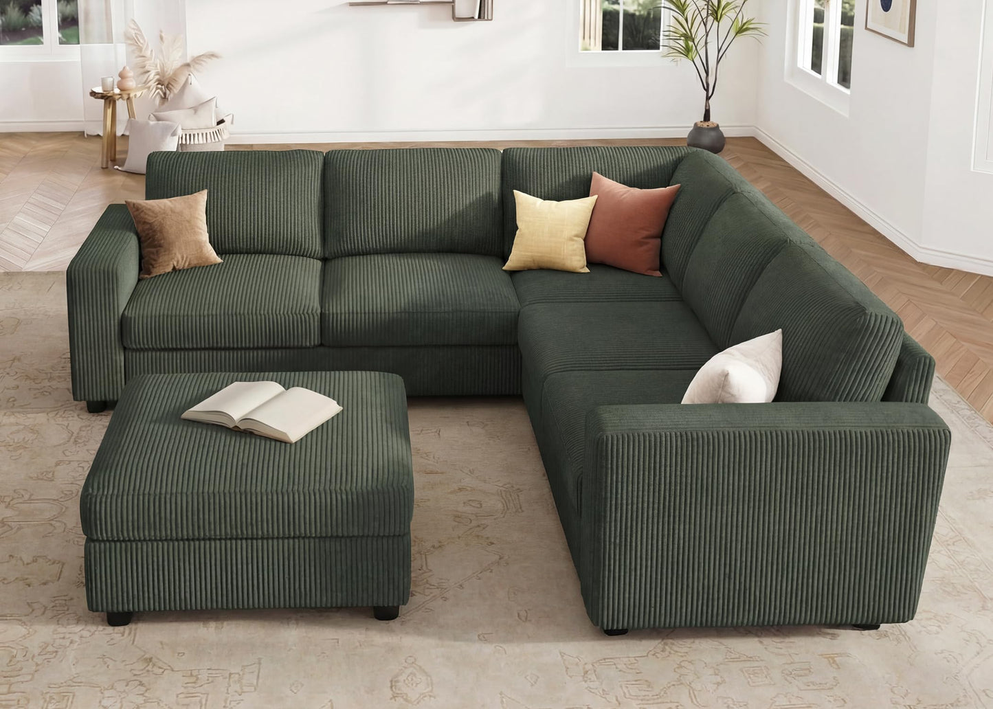 HONBAY Corduroy Sectional Sofa with Storage L-Shaped Sectional Couches for Living Room 6 Seater Sectional Sofa, Green
