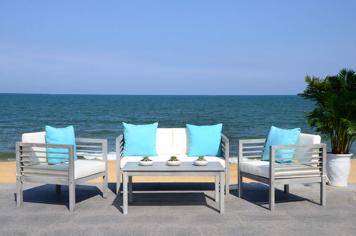 SAFAVIEH Outdoor Collection Alda Grey Wash/ White Cushions/ Light Blue Pillows 4-Piece Conversation Patio Set