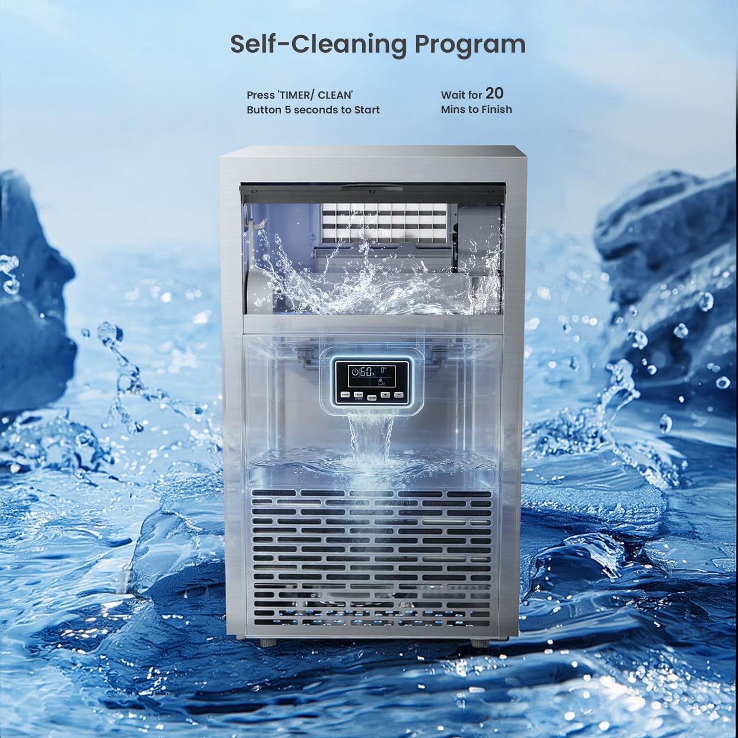 Kismile Commercial Ice Maker, 100 lbs/24H Ice Machine with 29 lbs Storage, Under Counter Ice Maker with LED Display & Self-Cleaning, 304 Stainless Steel Structure for Home, Bar, Outdoor Kitchen