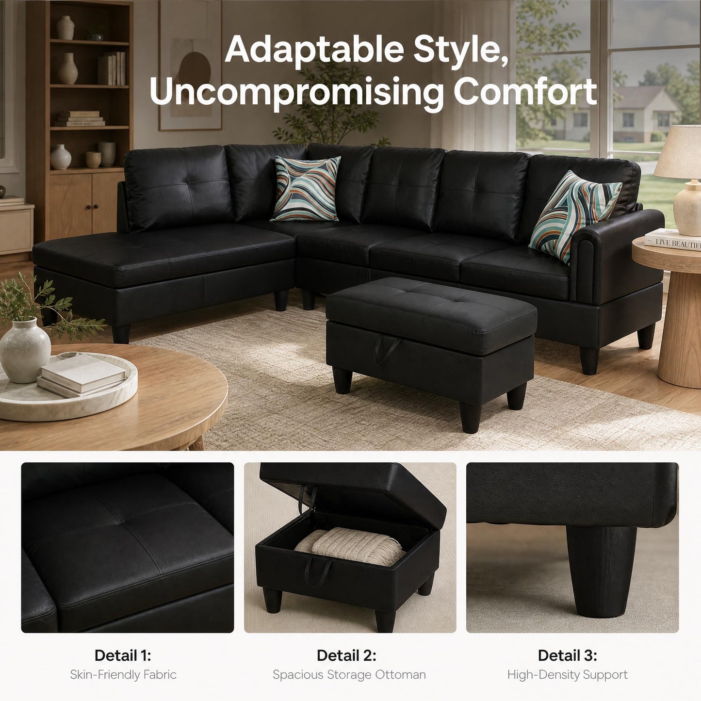 NicBex Sectional Couch 3 Pieces Sofa Set, L-Shaped Modular Couches for Living Room, Furniture Sets with Lounge Chaise & Storage Ottoman, Multi-Scene Use for Apartment & Office, Black