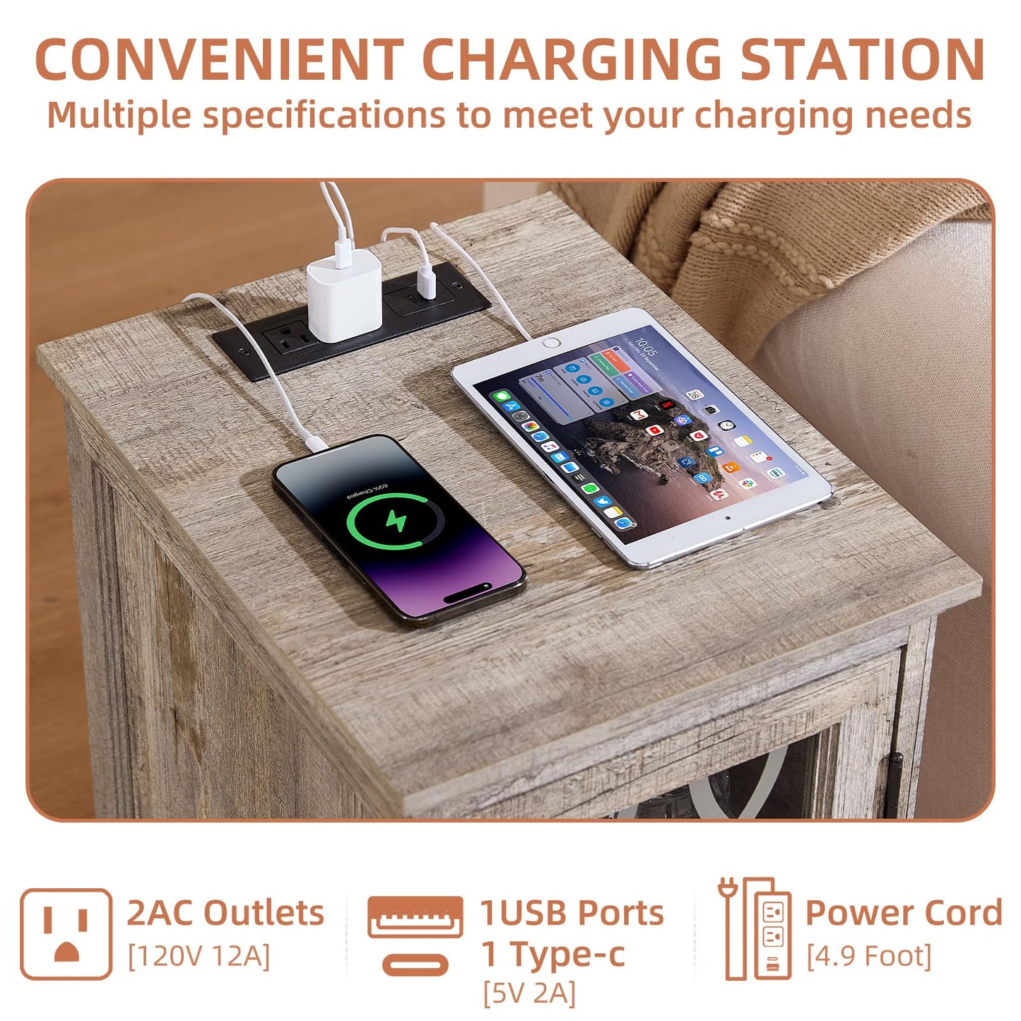 Joaxswe Narrow Side Table with Charging Station Set of 2, Night Stand with Glass Door,Bedside End Tables with Adjustable Shelf Storage Cabinet,Wood Nightstand for Small Spaces Living Room Bedroom