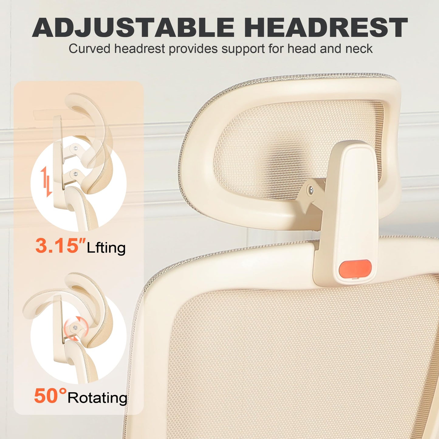 Ergonomic Office Chair with Footrest, Mesh Desk Chair with Adjustable Headrest & Armrests & Dynamic Floating Wing Lumbar Support, High Back Computer Chair for Home Office, BIFMA Certified, Beige
