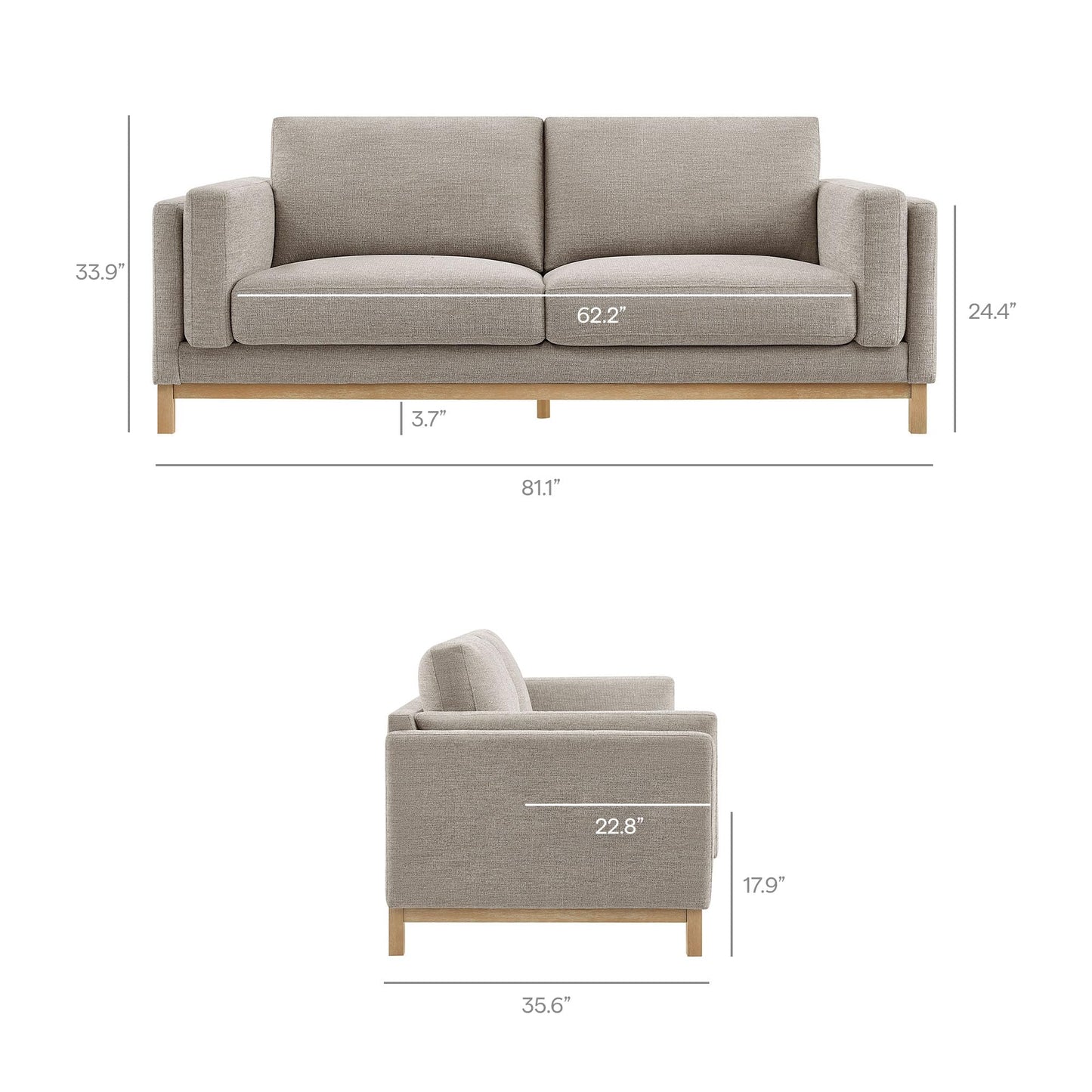 Modway Roscoe 81 Inch Fabric Sofa in Pewter - Comfortable Upholstered Deep Seat Couch for Living Room, Apartment, or Office Seating
